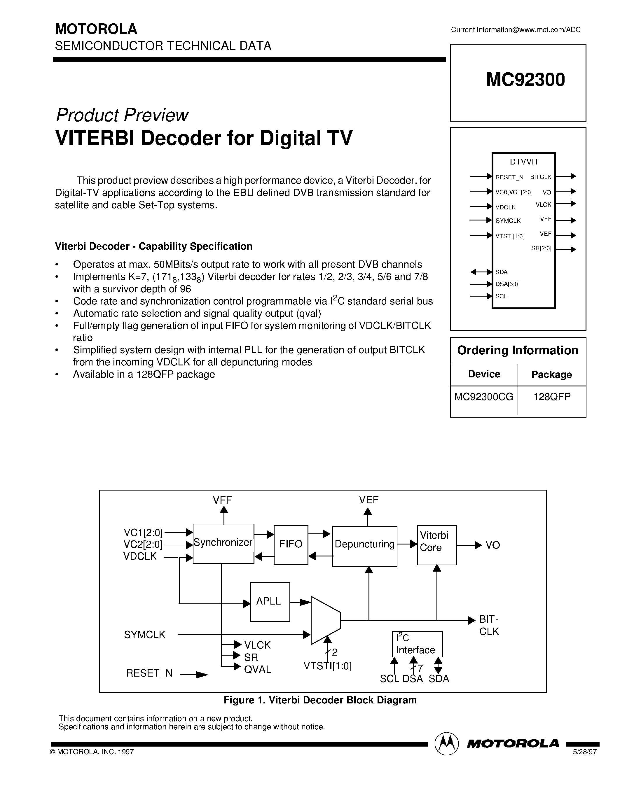 Даташит MC92300 - VITERBI Decoder for Digital TV страница 1