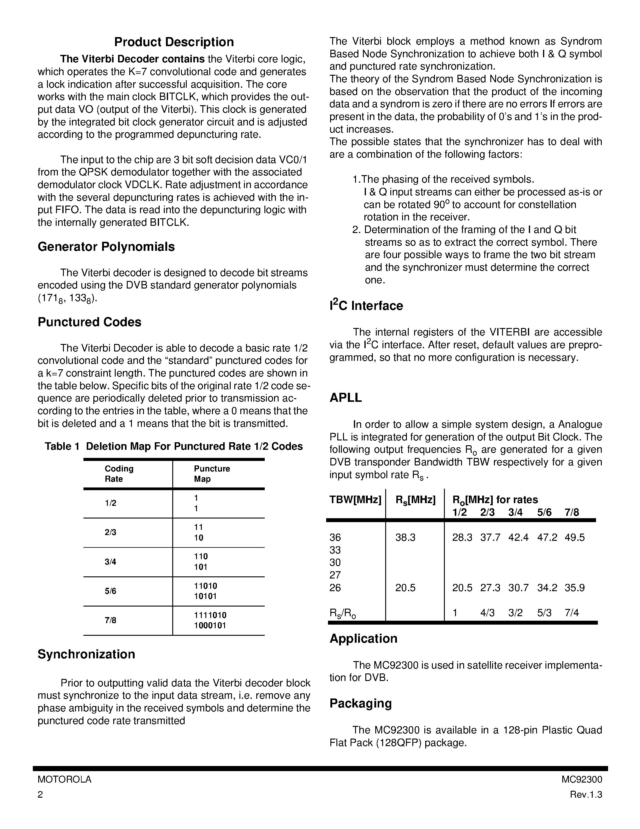 Даташит MC92300 - VITERBI Decoder for Digital TV страница 2