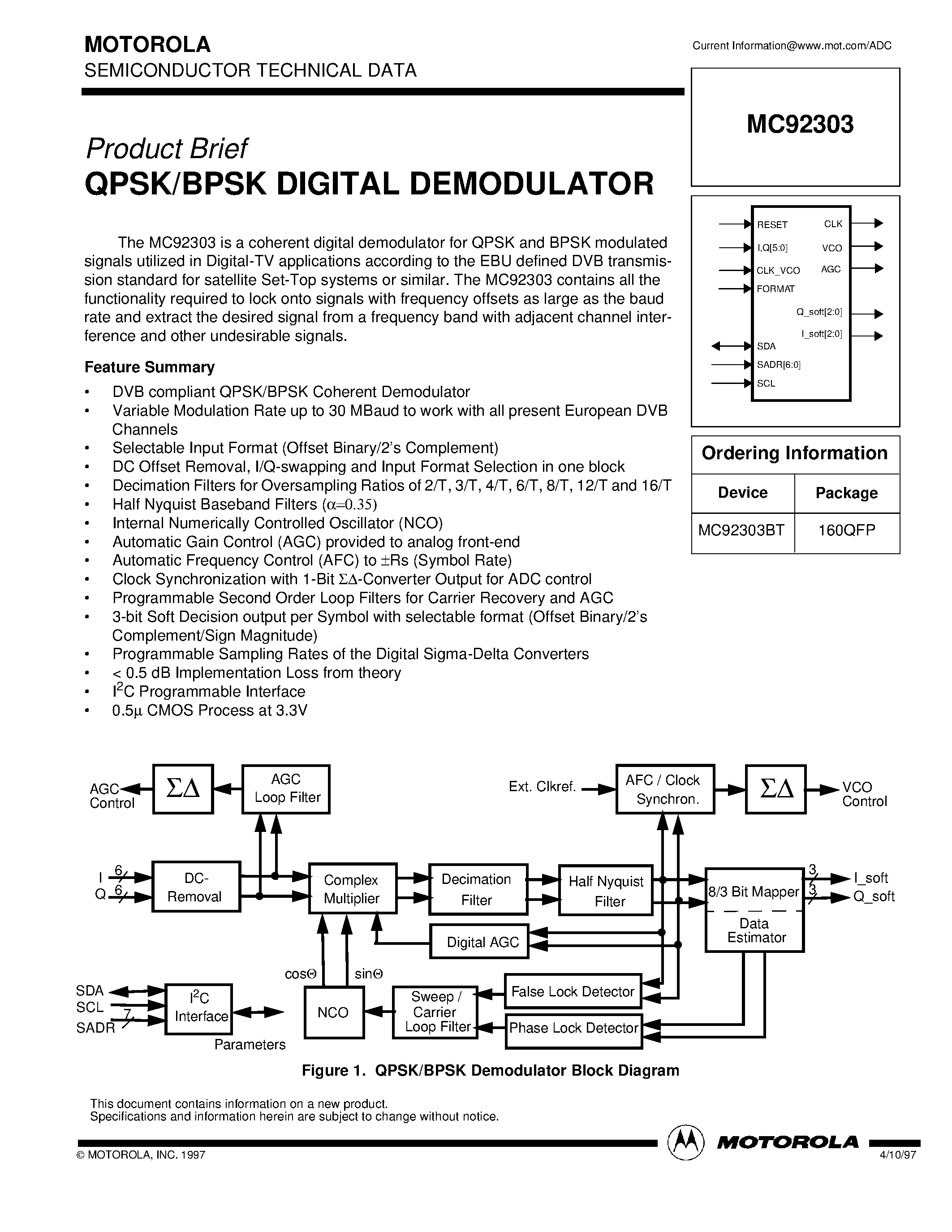 Даташит MC92303 - QPSK/BPSK DIGITAL DEMODULATOR страница 1