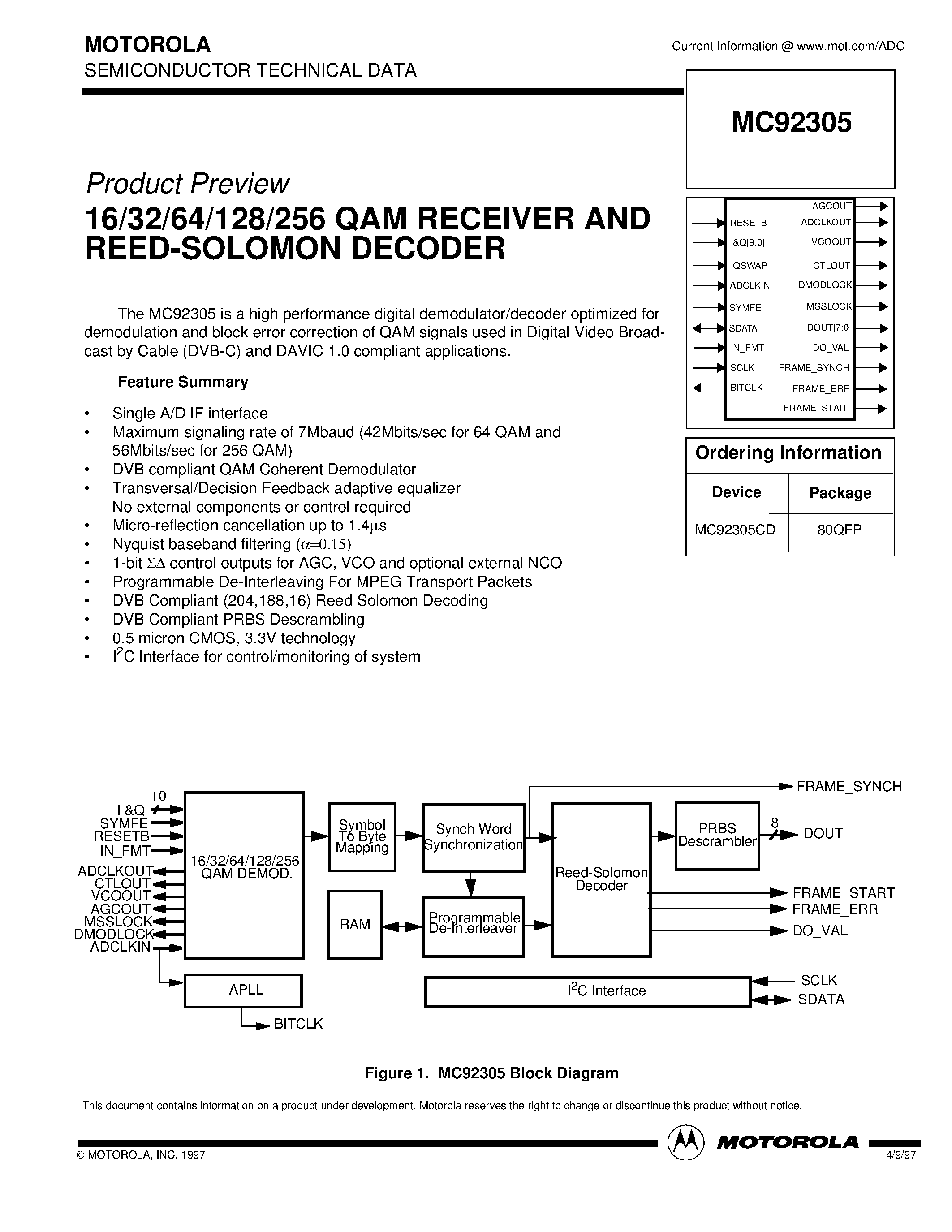 Даташит MC92305 - 16/32/64/128/256 QAM RECEIVER AND REED-SOLOMON DECODER страница 1