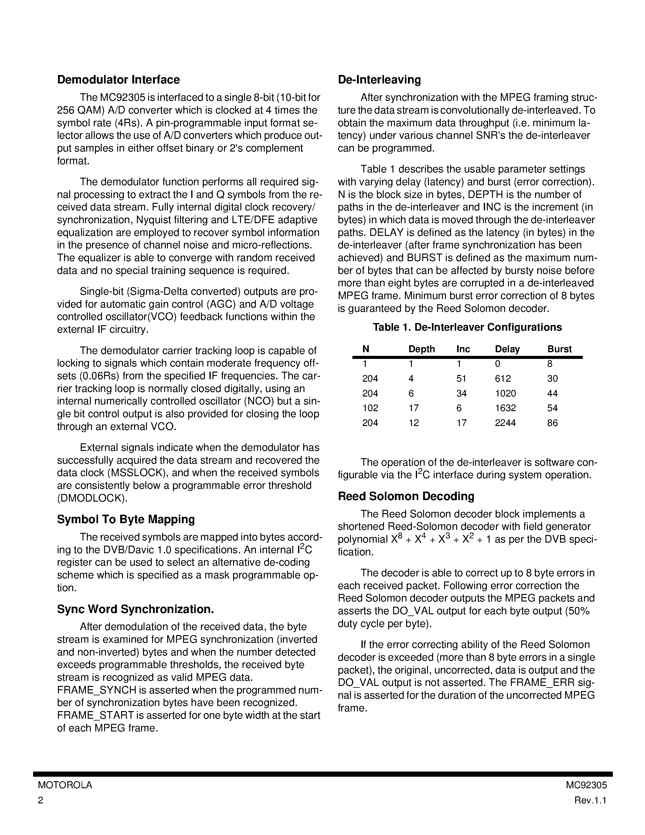 Даташит MC92305 - 16/32/64/128/256 QAM RECEIVER AND REED-SOLOMON DECODER страница 2