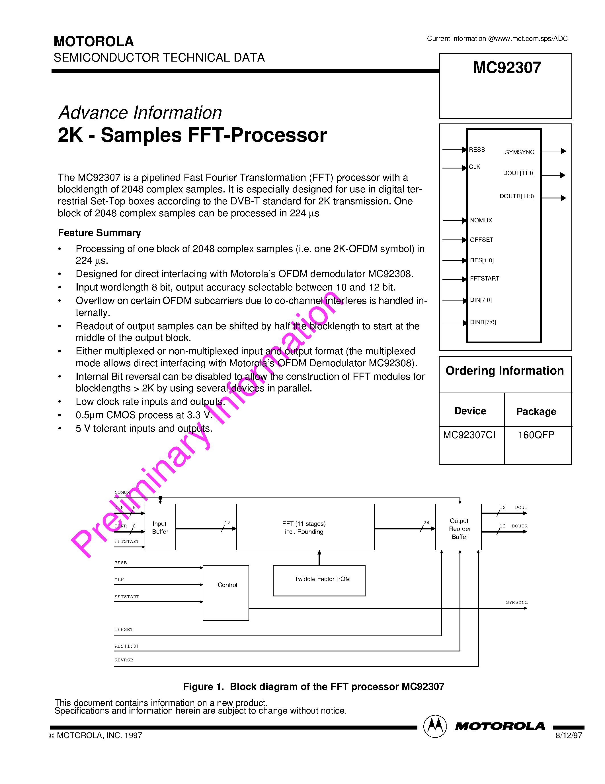 Даташит MC92307 - 2K - Samples FFT-Processor страница 1