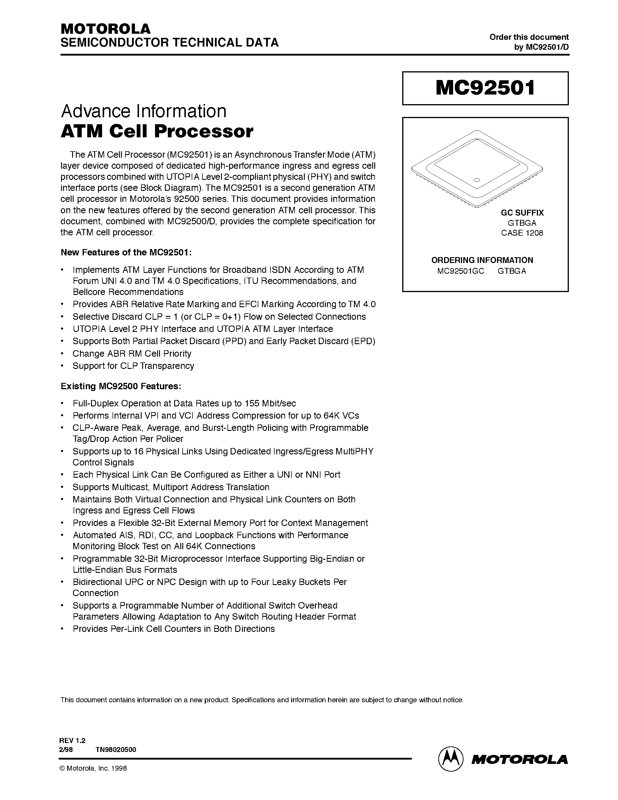 Даташит MC92501 - ATM Cell Processor страница 1