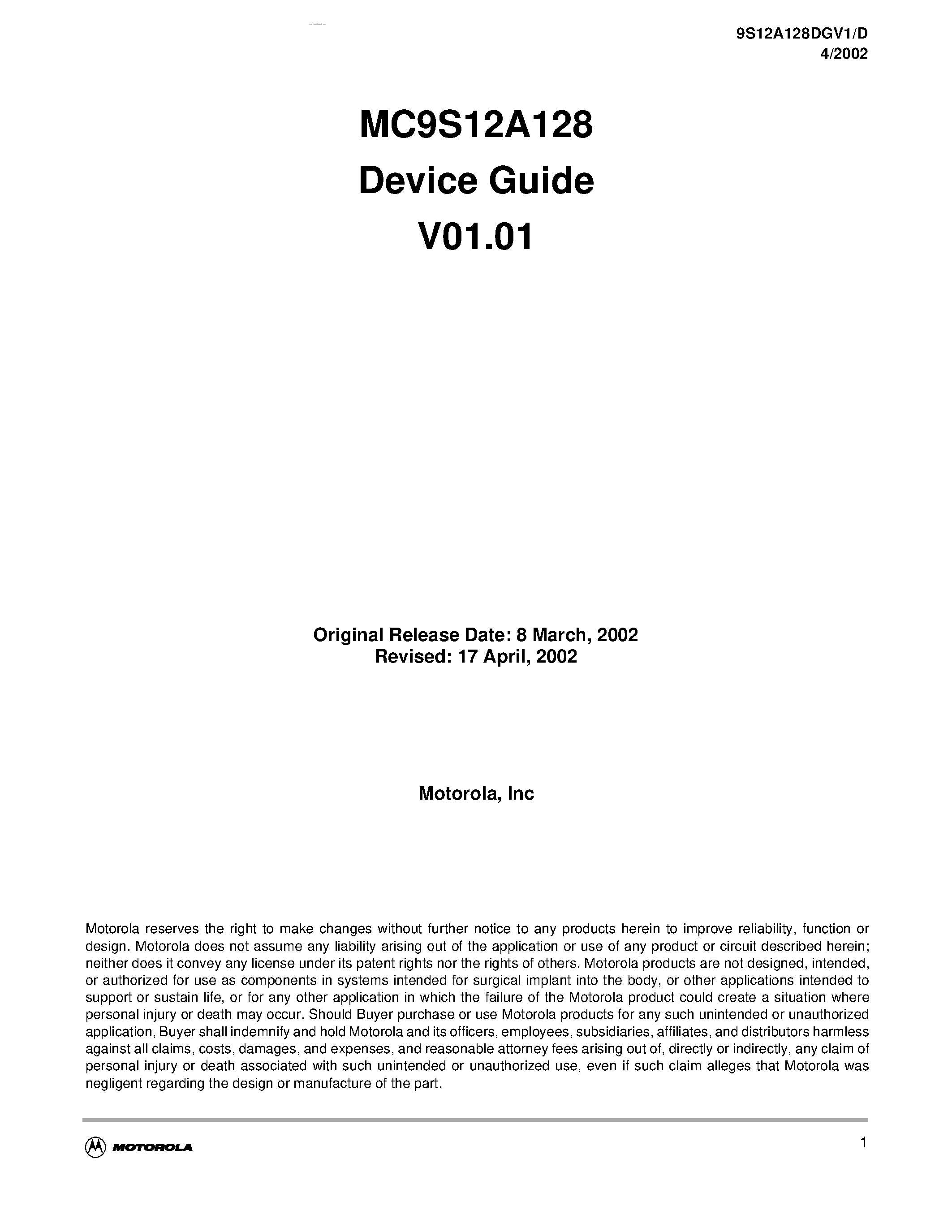 Даташит MC9S12A128 - MC9S12DT128 Device User Guide V02.09 страница 1