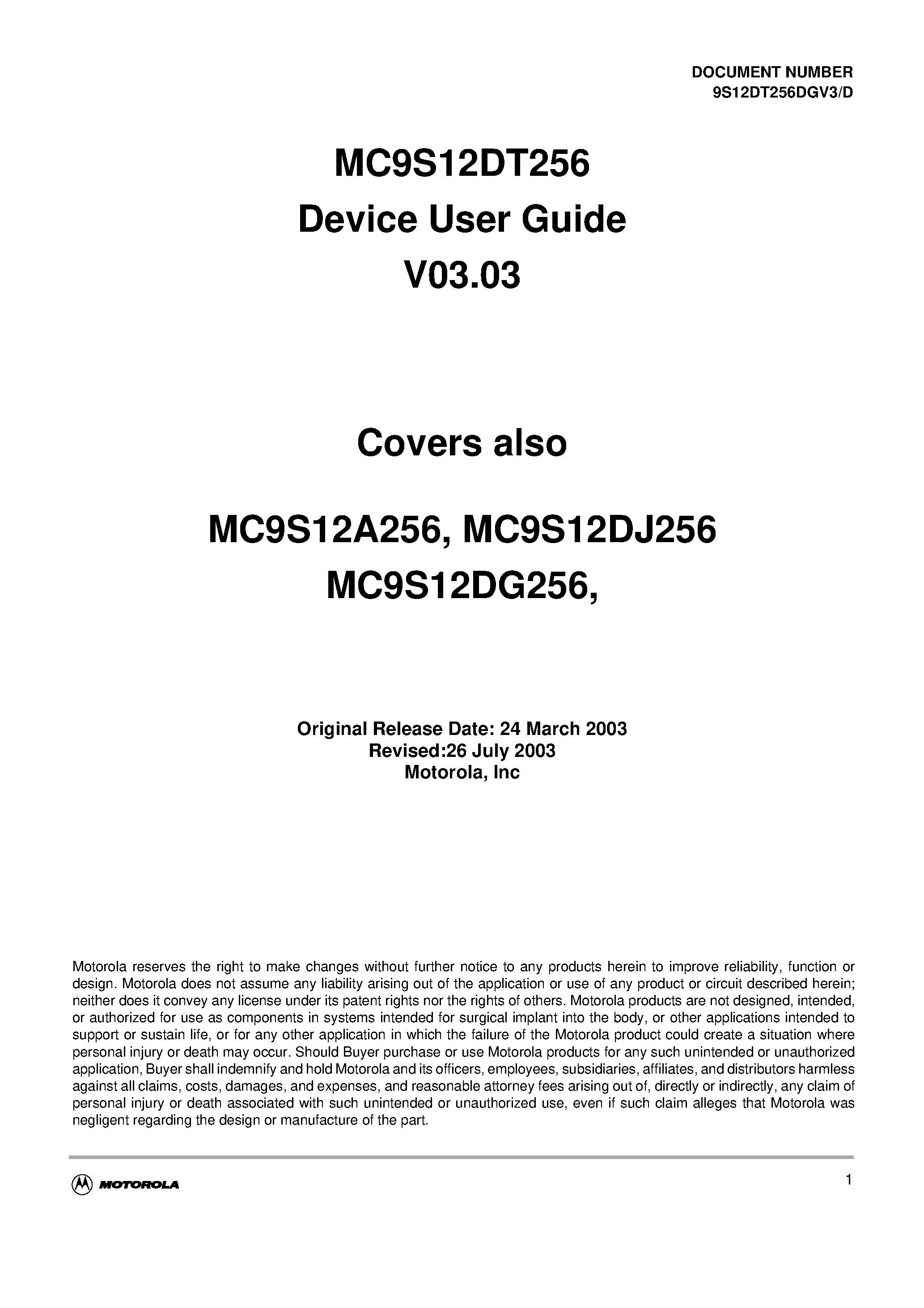 Даташит MC9S12A256 - MC9S12DT256 Device User Guide V03.03 страница 1