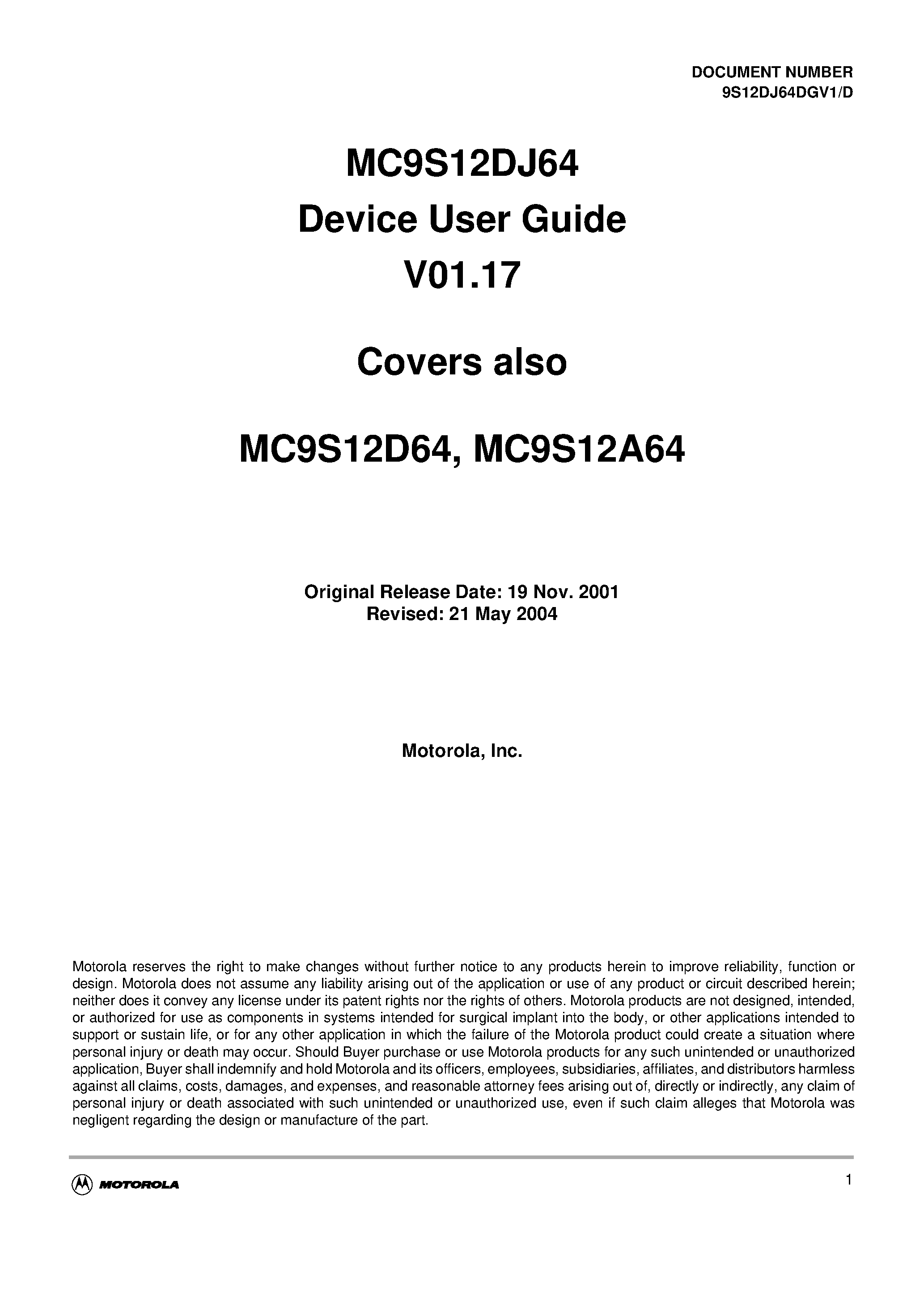 Даташит MC9S12D64 - MC9S12DJ64 Device User Guide V01.17 страница 1