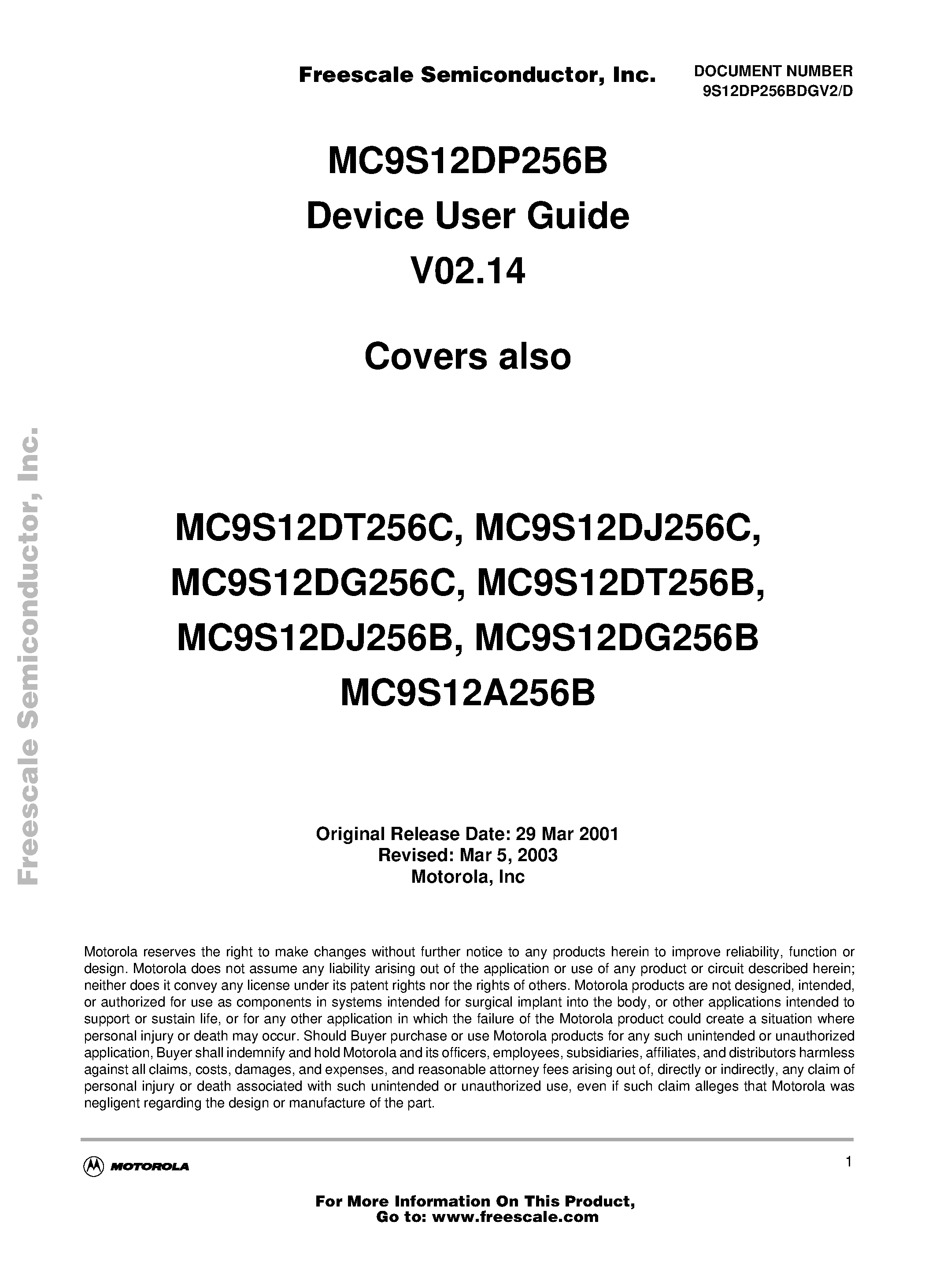 Datasheet MC9S12DP256CVPV - device made up of standard HCS12 blocks and the HCS12 processor core page 1