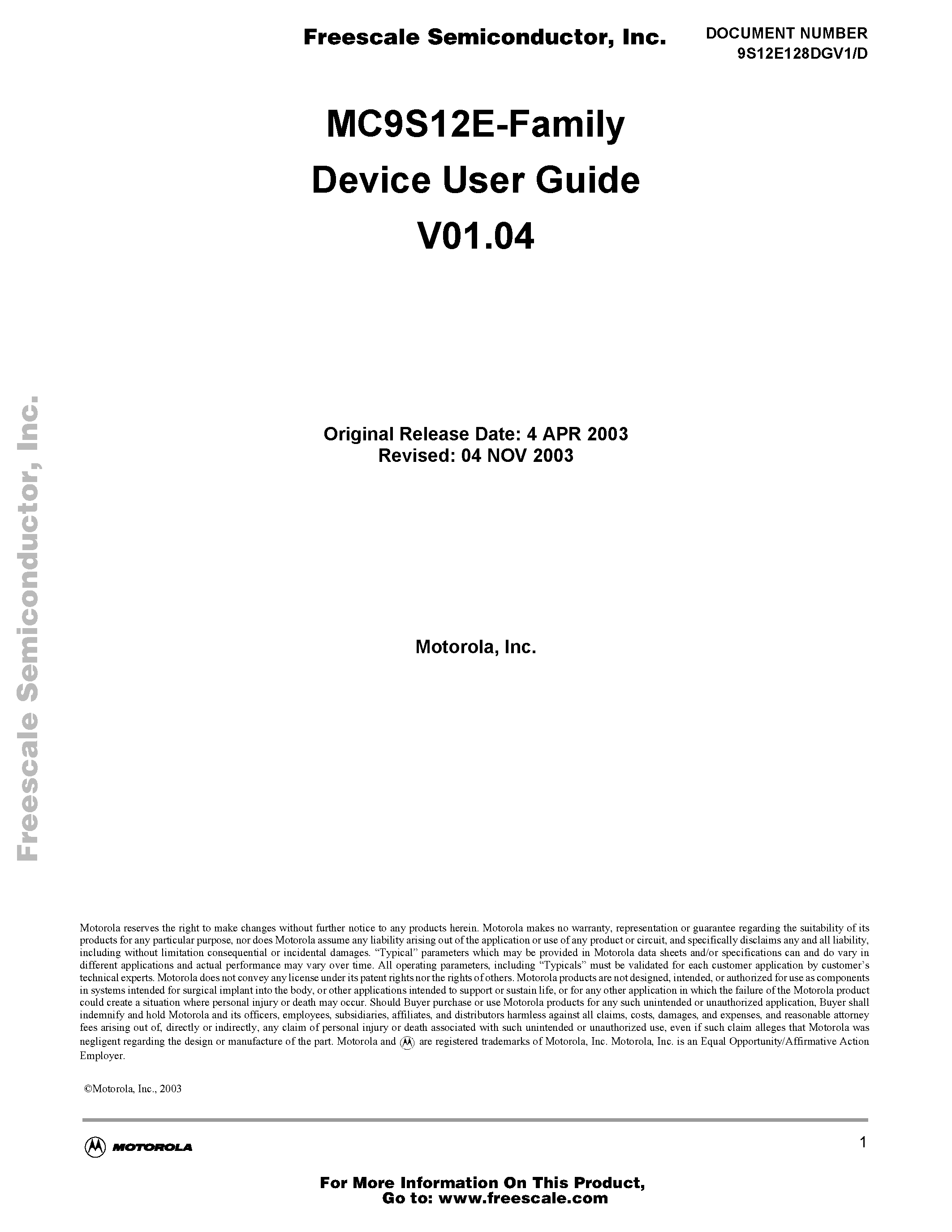 Даташит MC9S12E256MFU - MC9S12E-Family Device User Guide V01.04 страница 1