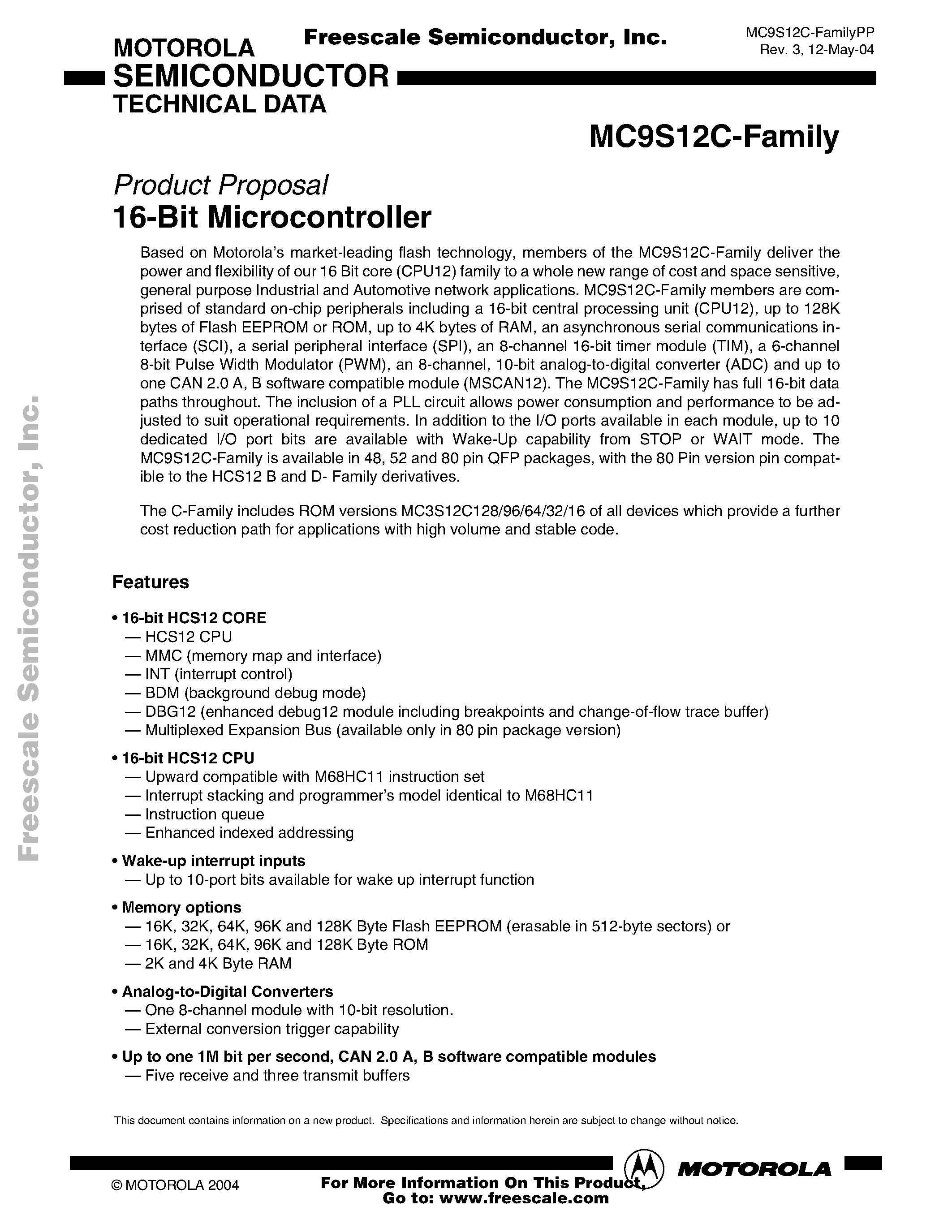 Datasheet MC9S12GC16 - 16-Bit Microcontroller page 1