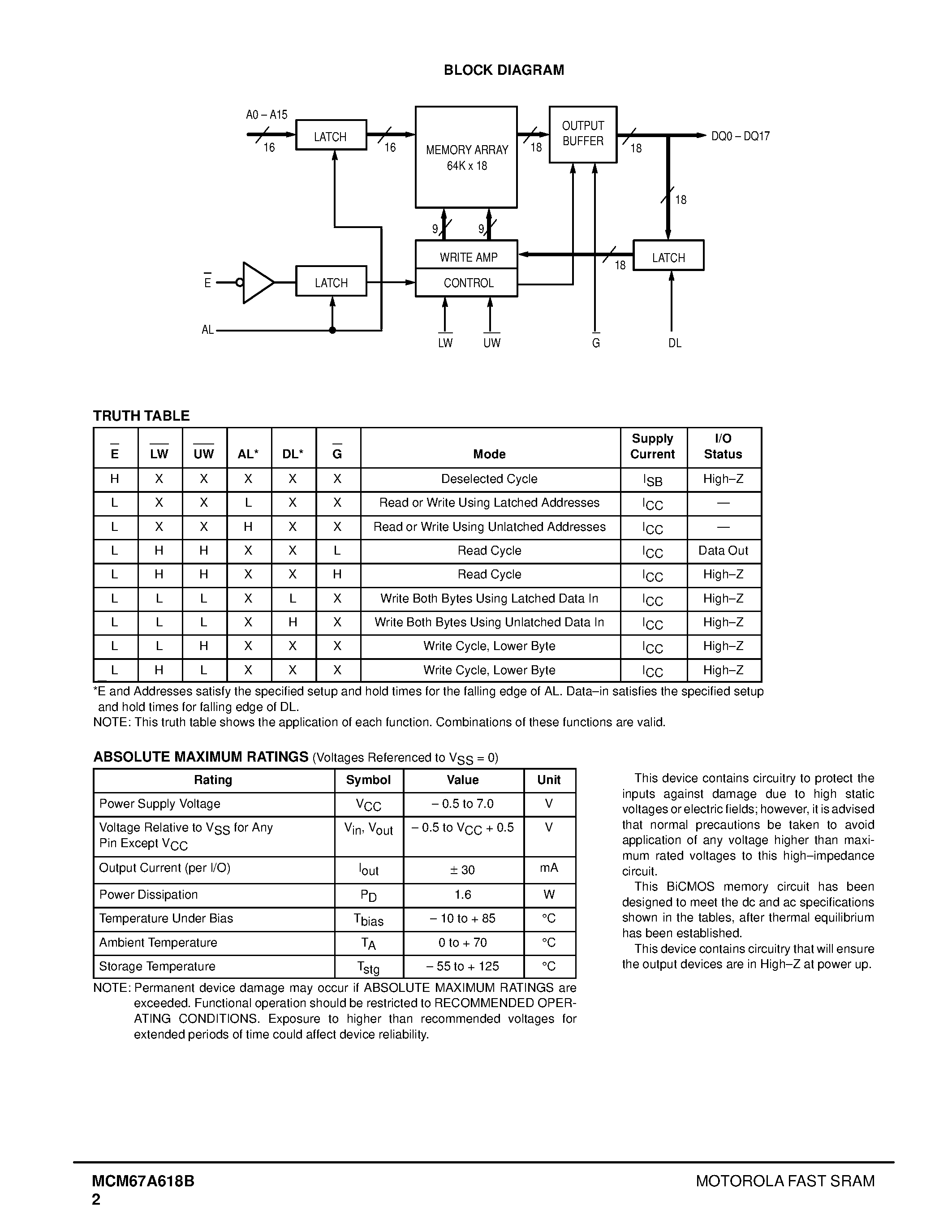 Даташит MCM67A618B - 64K x 18 Bit Asynchronous/ Latched Address Fast Static RAM страница 2