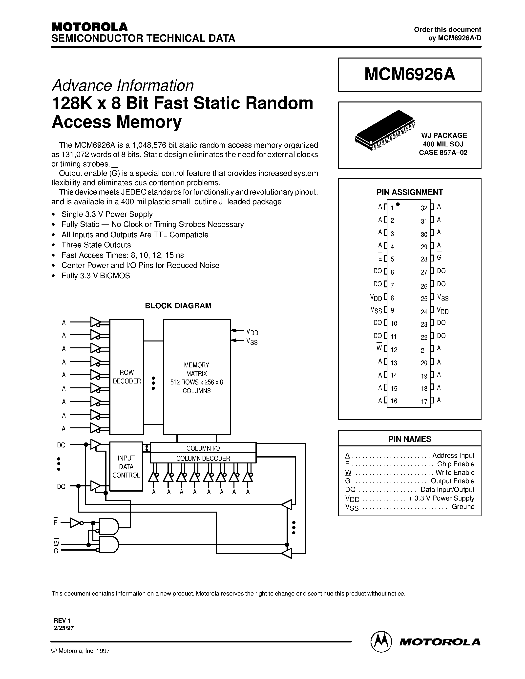 Даташит MCM6926A - 128K x 9 Bit Fast Static Random Access Memory страница 1