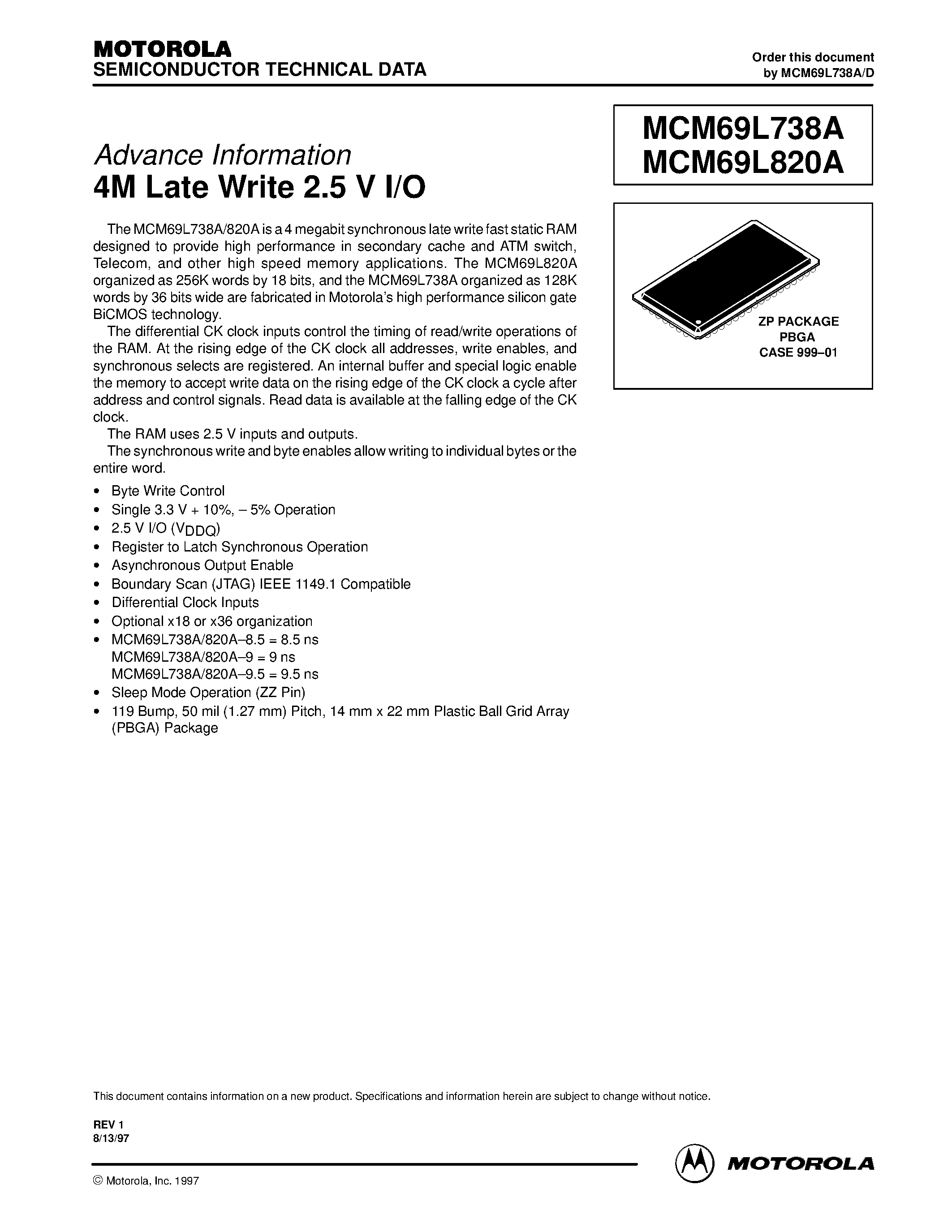 Datasheet MCM69L820AZP9R - 4M Late Write 2.5 V I/O page 1