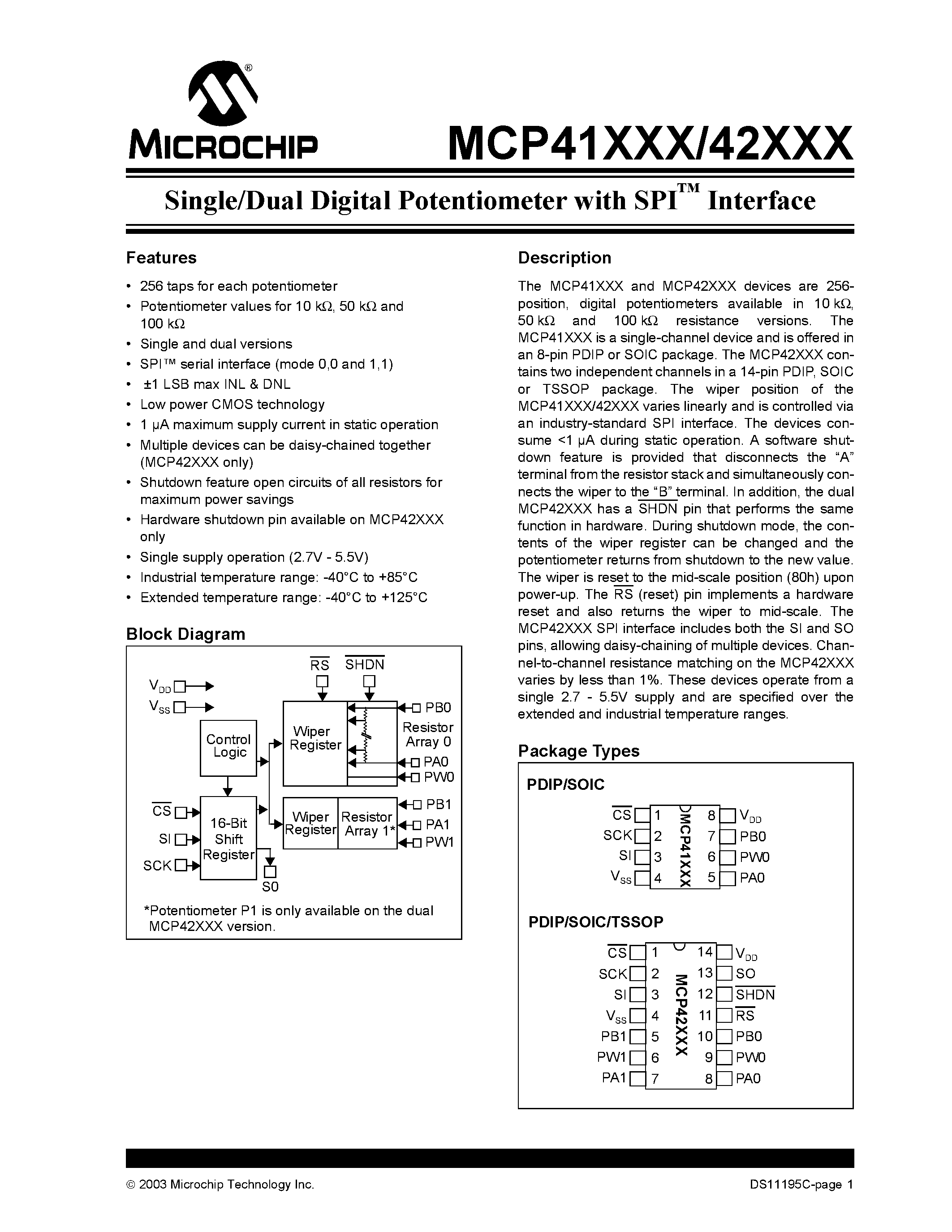 Datasheet MCP41010-I/SN - Single/Dual Digital Potentiometer with SPI Interface page 1