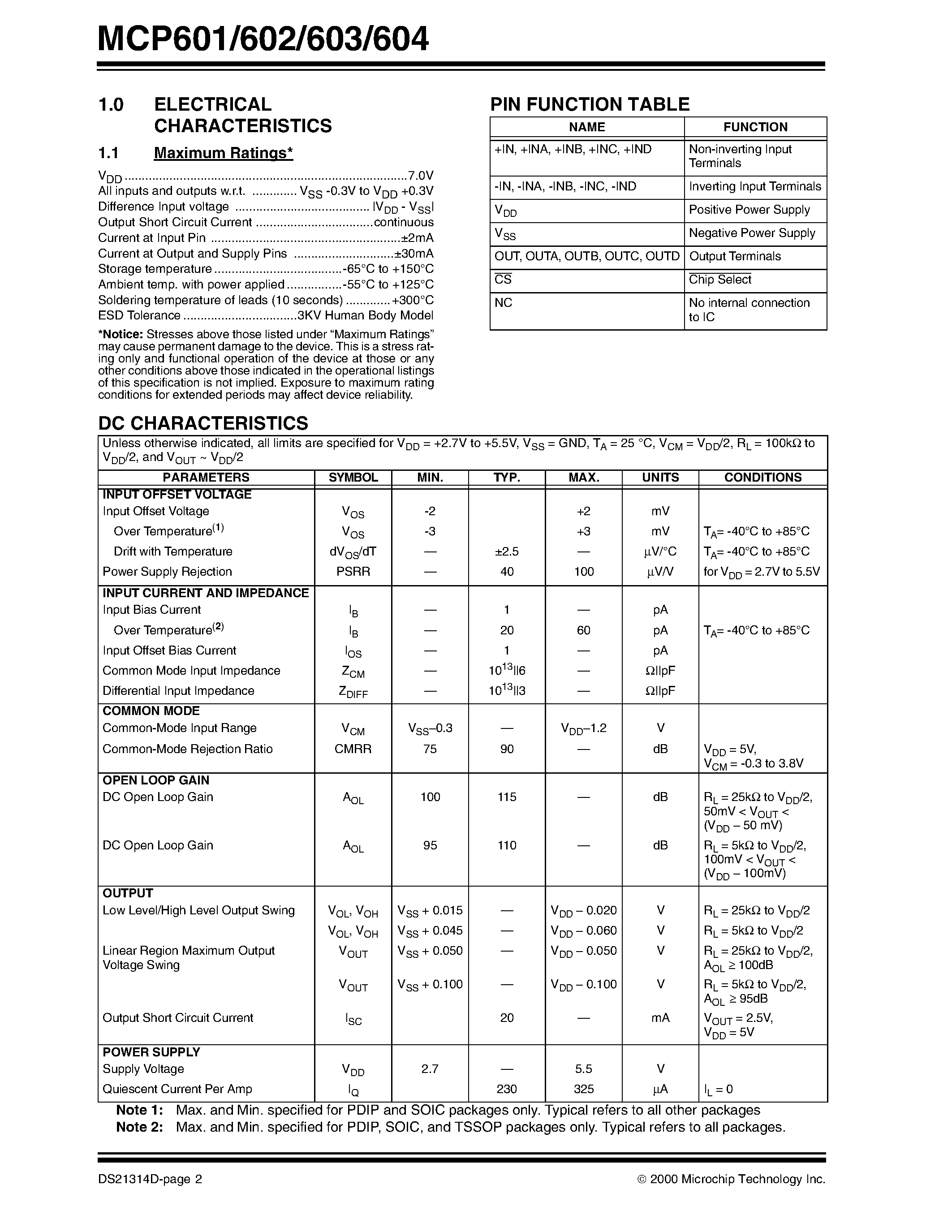 Datasheet MCP601-I - 2.7V to 5.5V Single Supply CMOS Op Amps page 2