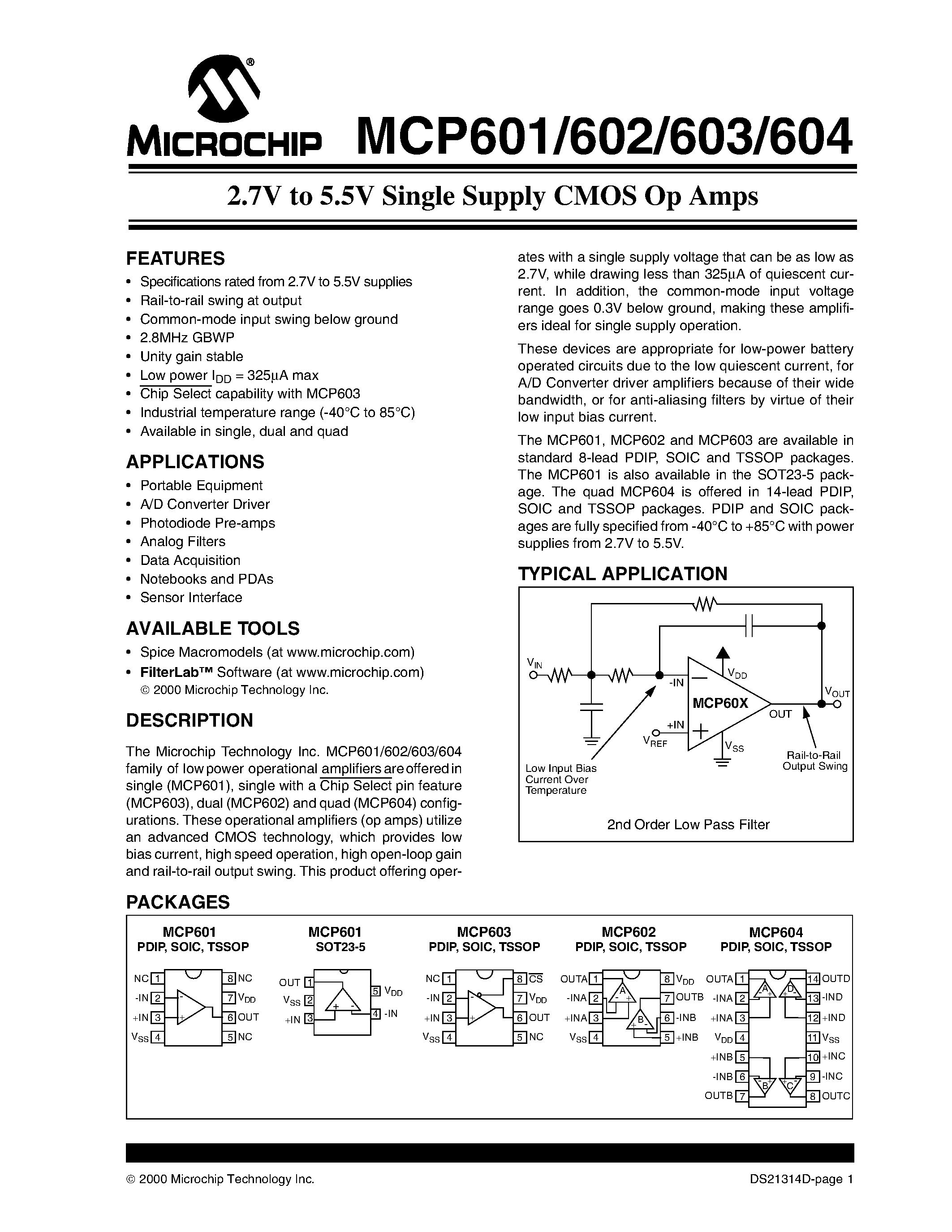 Даташит MCP604-I - 2.7V to 5.5V Single Supply CMOS Op Amps страница 1