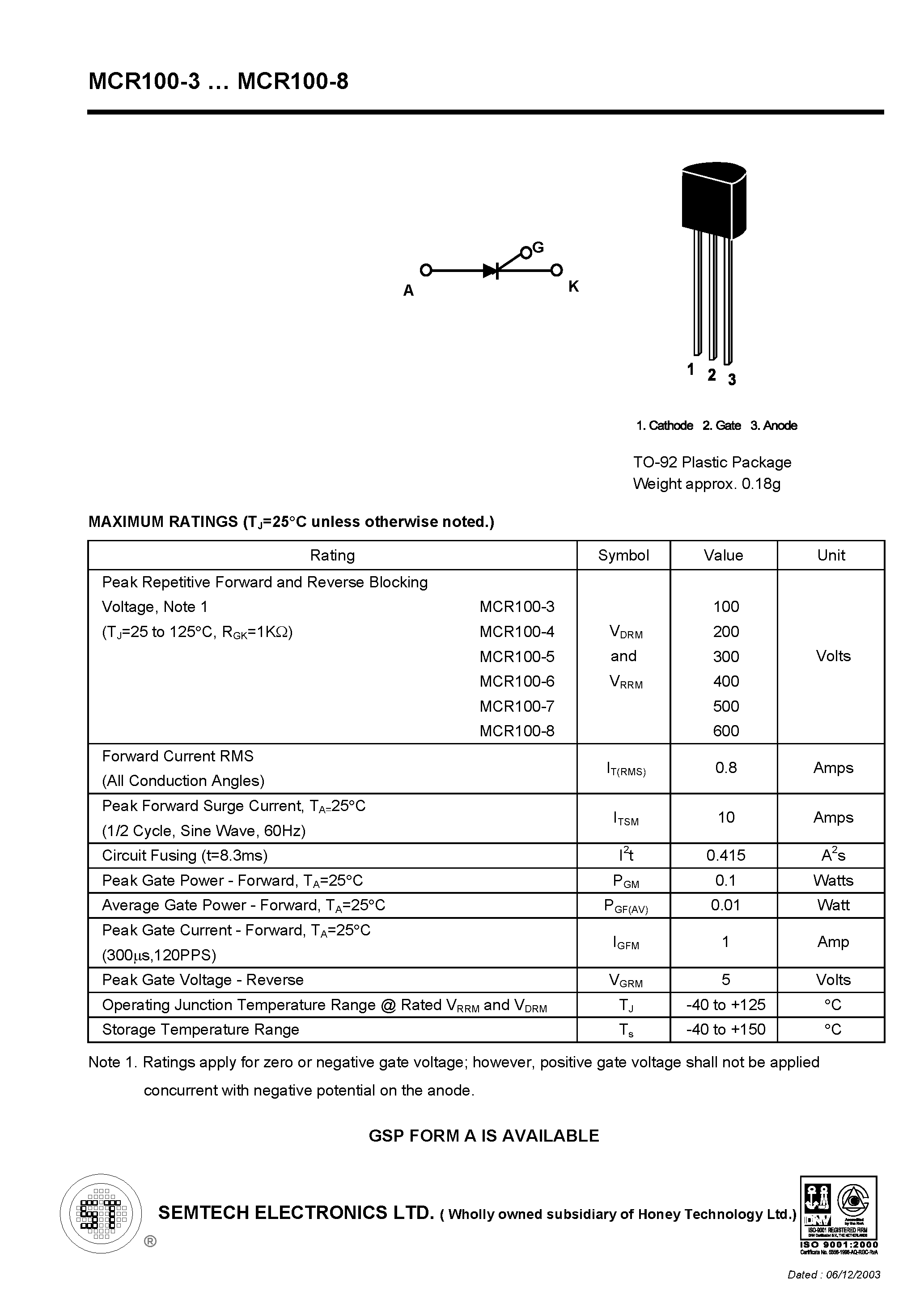 Datasheet MCR100-7 - SCR page 1