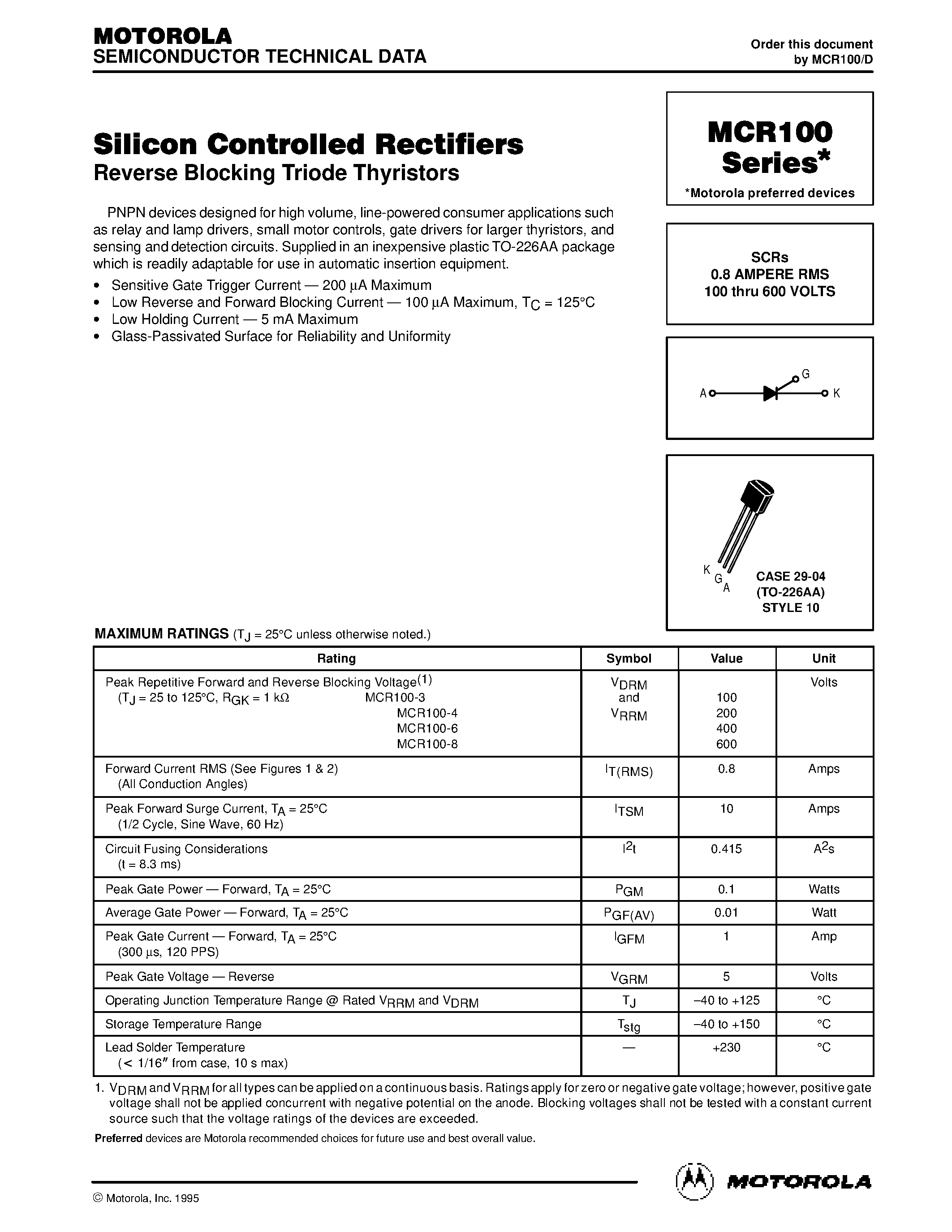 Datasheet MCR100-8 - Silicon Controlled Rectifiers(Reverse Blocking Triode Thyristors) page 1