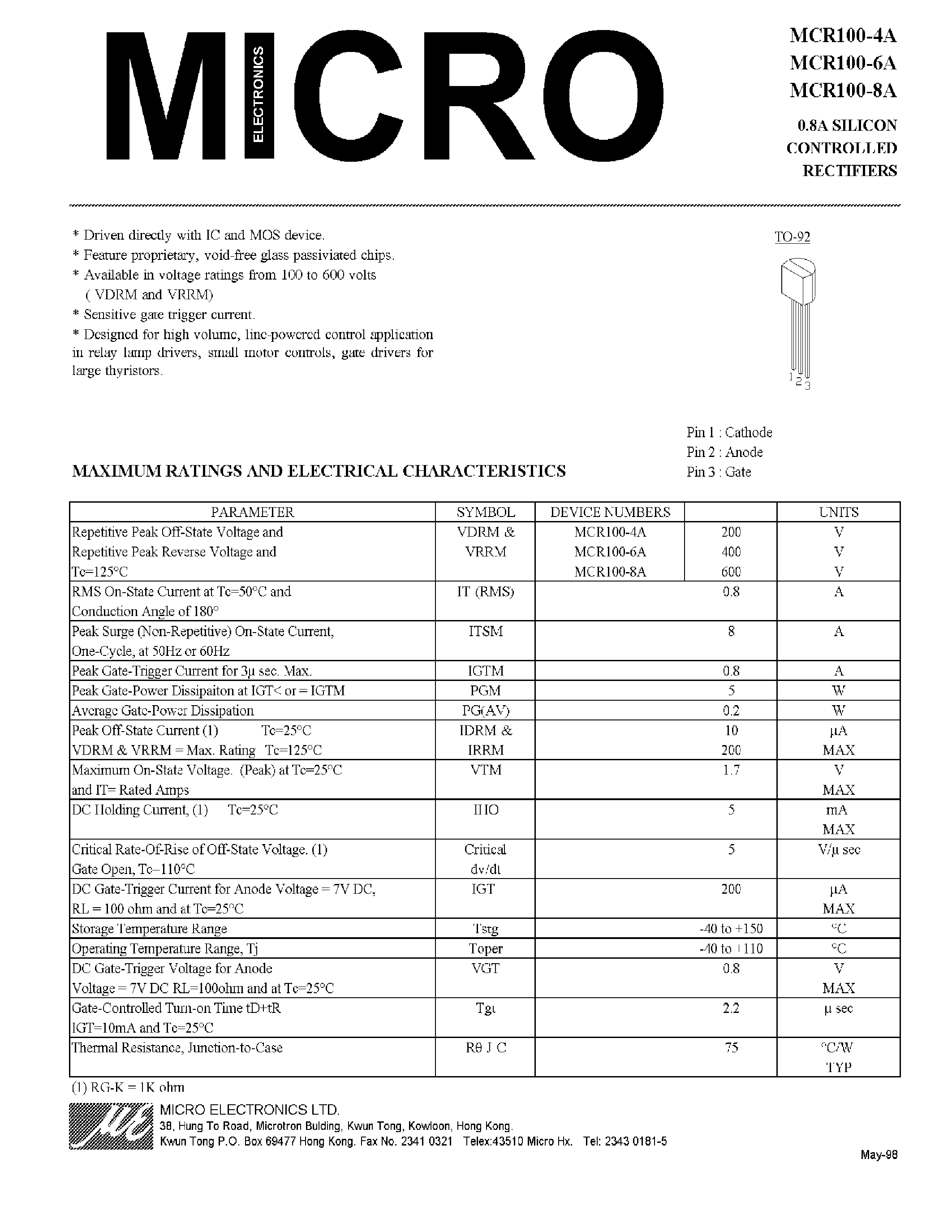 Datasheet MCR100-8A - 0.8A SCR page 1