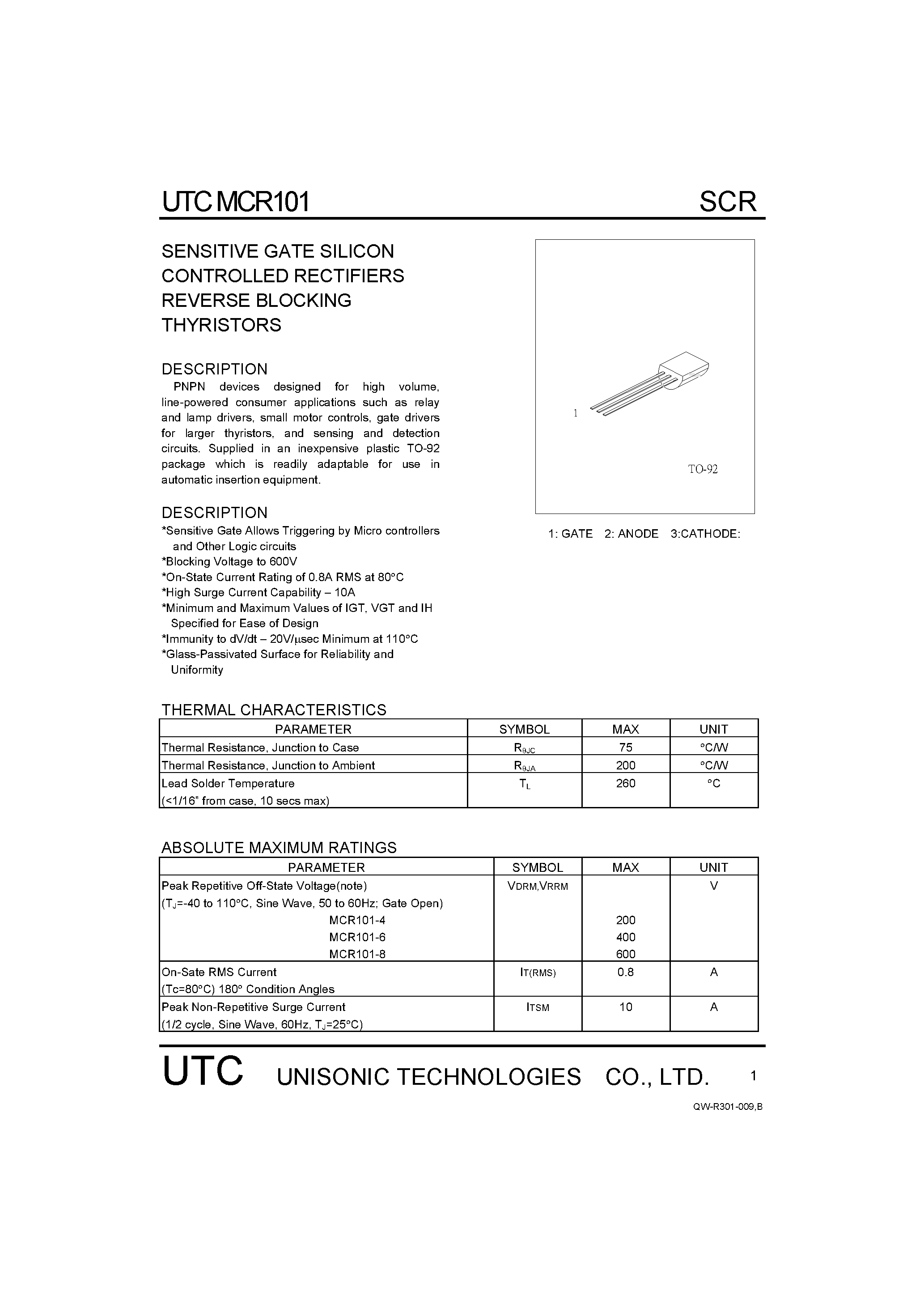 Datasheet MCR101 - SENSITIVE GATE SILICON CONTROLLED RECTIFIERS REVERSE BLOCKING THYRISTORS page 1