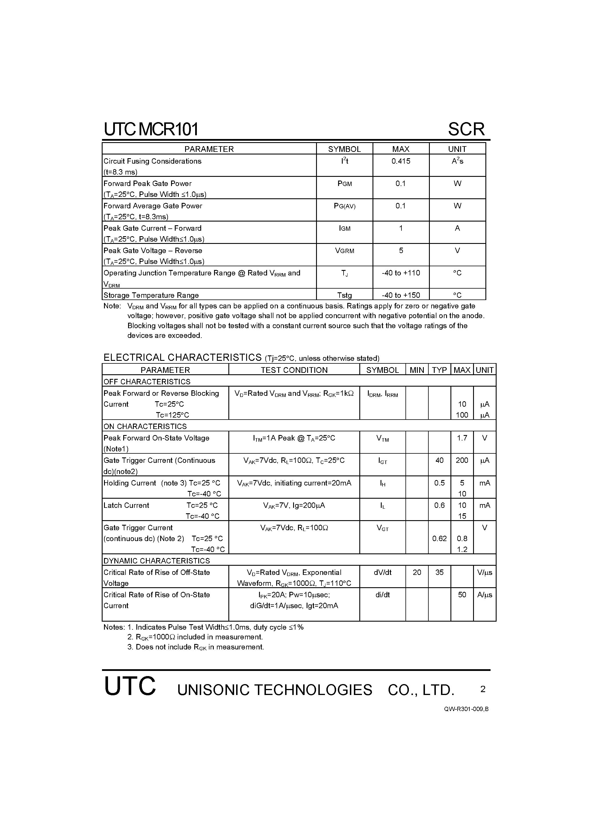 Datasheet MCR101 - SENSITIVE GATE SILICON CONTROLLED RECTIFIERS REVERSE BLOCKING THYRISTORS page 2