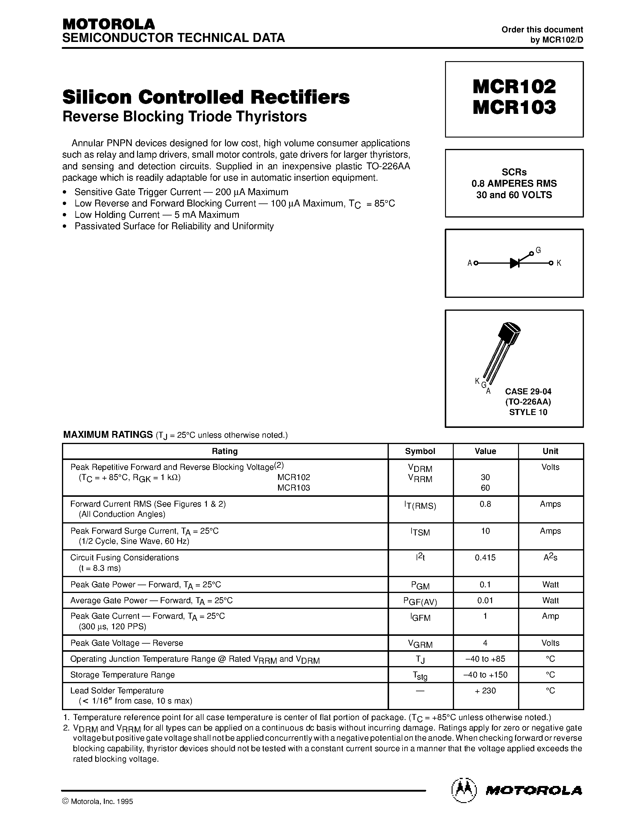 Datasheet MCR102 - Silicon Controlled Rectifiers page 1