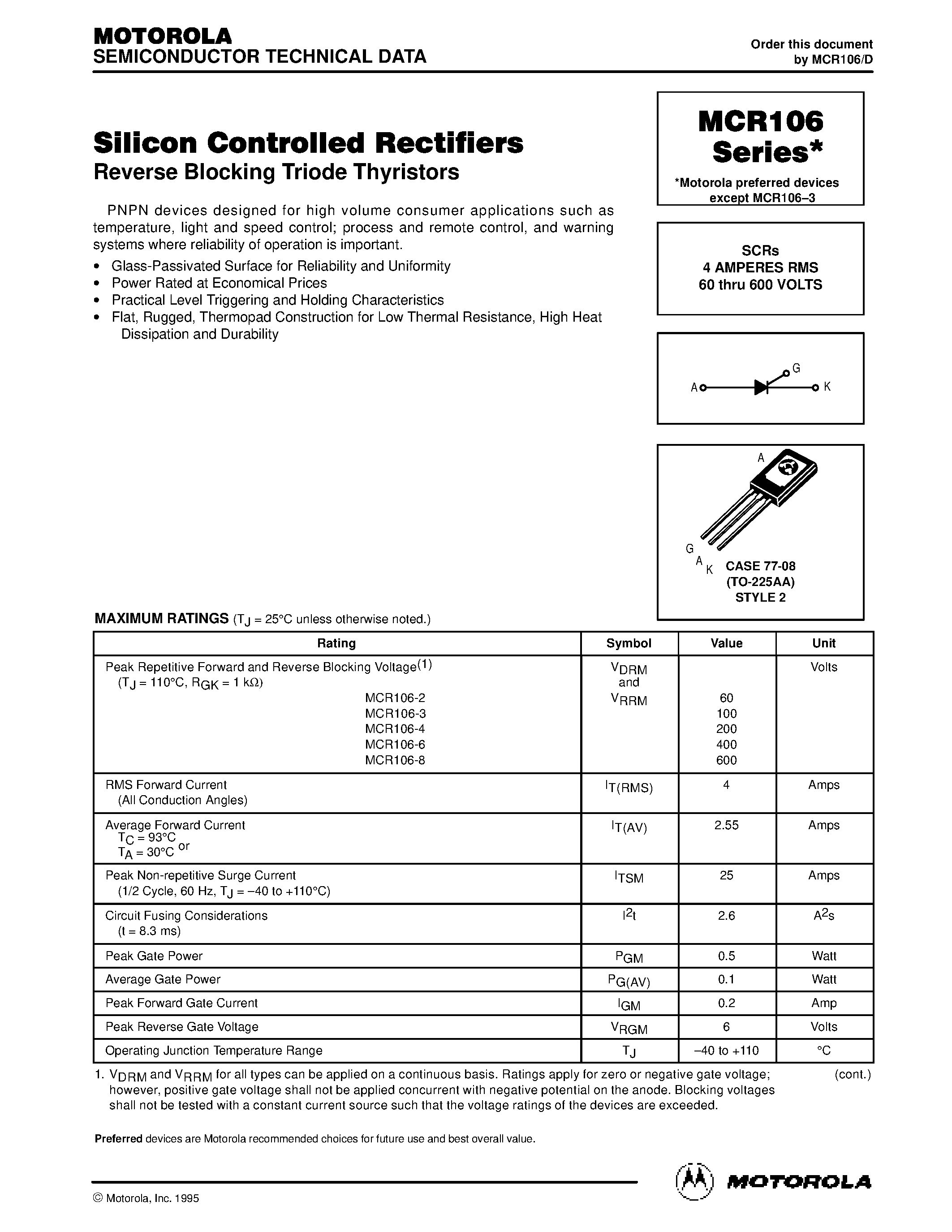 Datasheet MCR106 - Silicon Controlled Rectifiers page 1