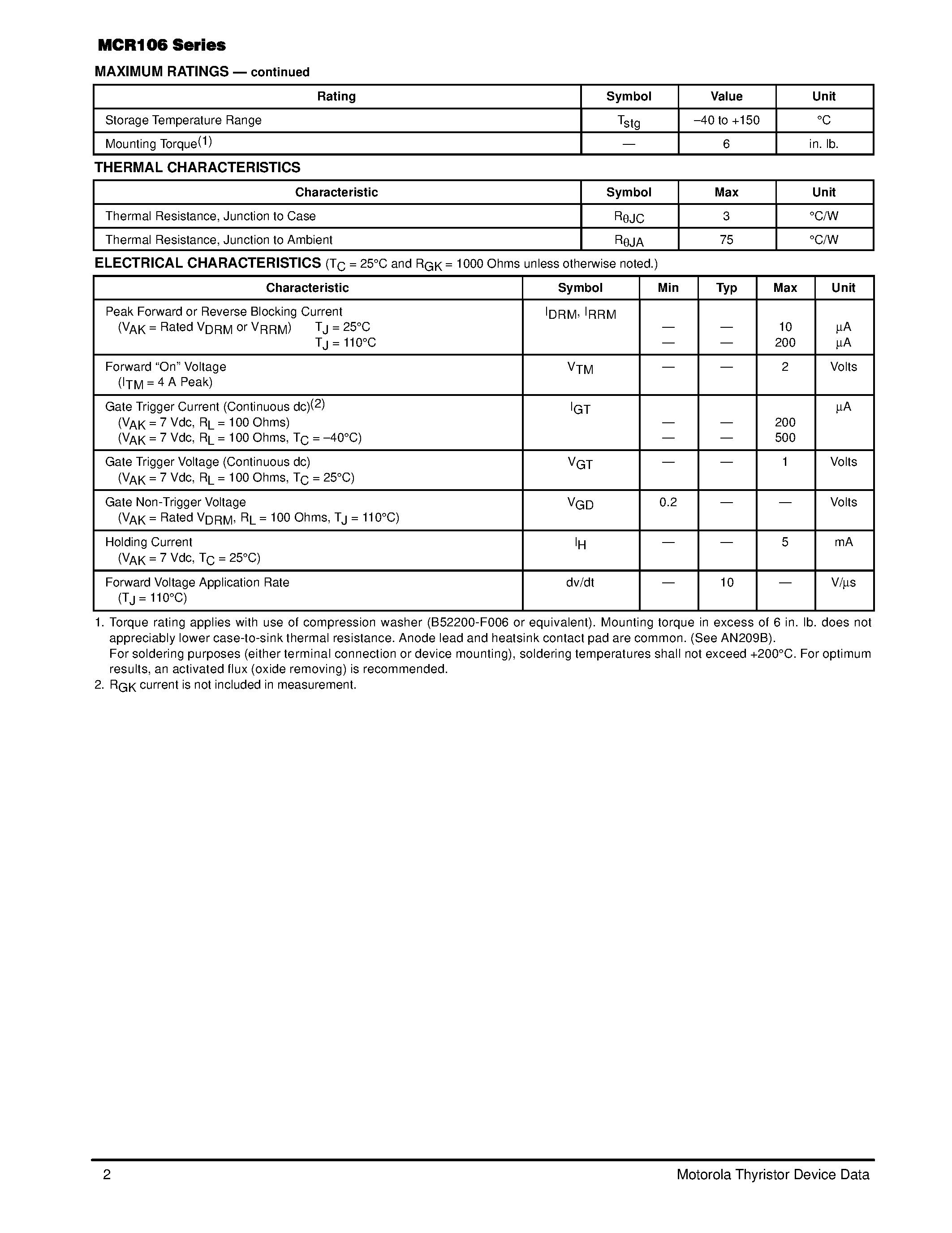 Datasheet MCR106 - Silicon Controlled Rectifiers page 2