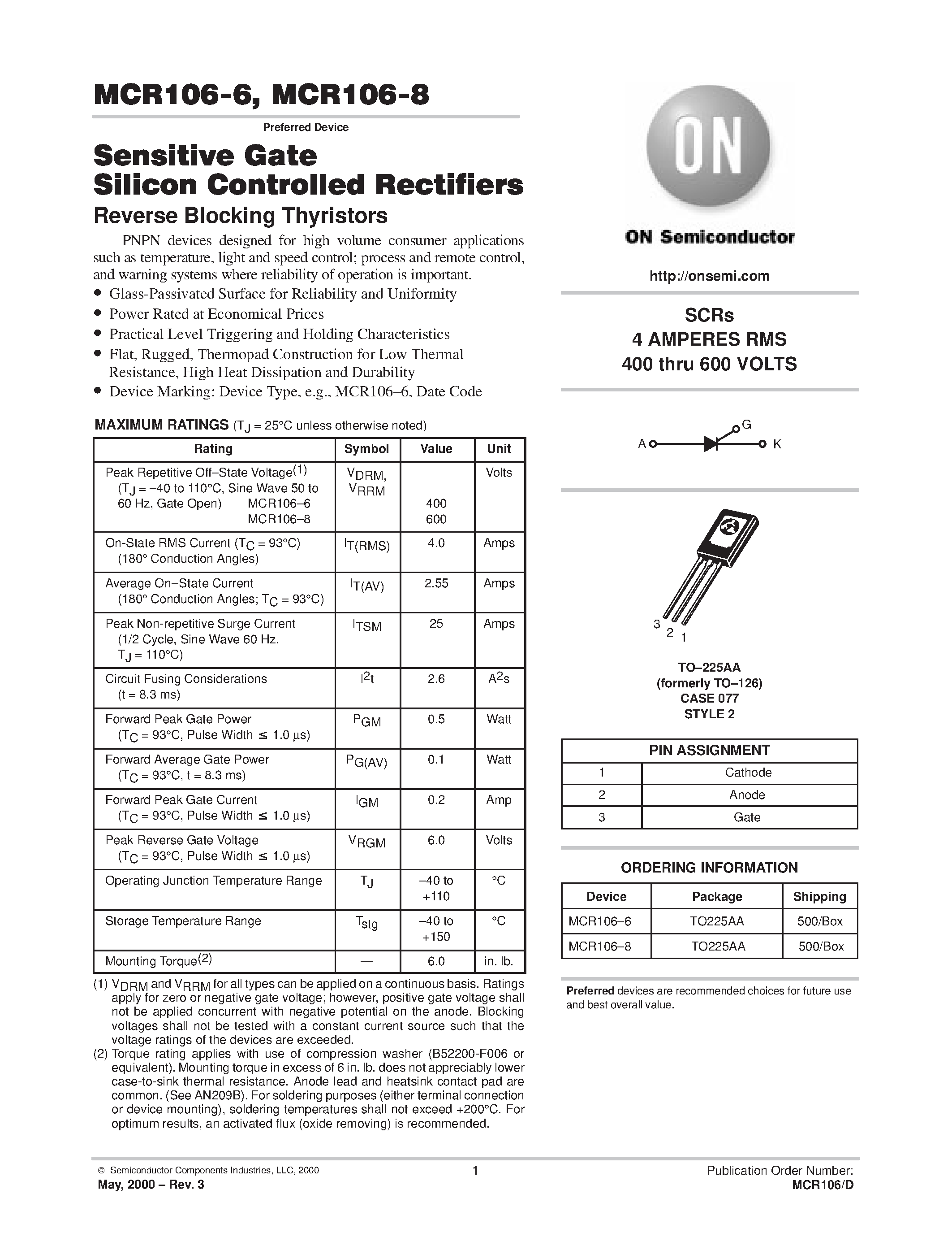 Datasheet MCR106 - Sensitive Gate Silicon Controlled Rectifiers page 1