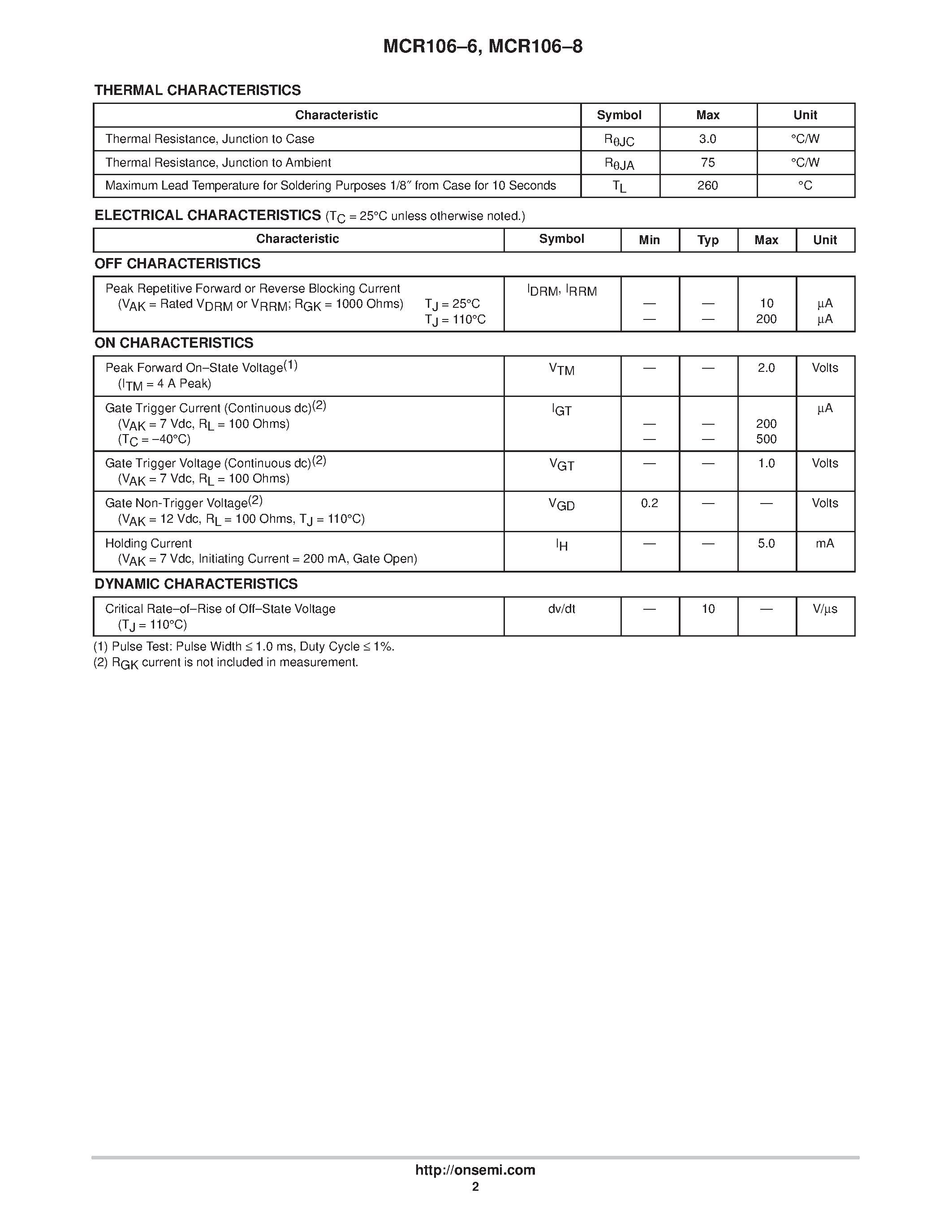 Datasheet MCR106 - Sensitive Gate Silicon Controlled Rectifiers page 2