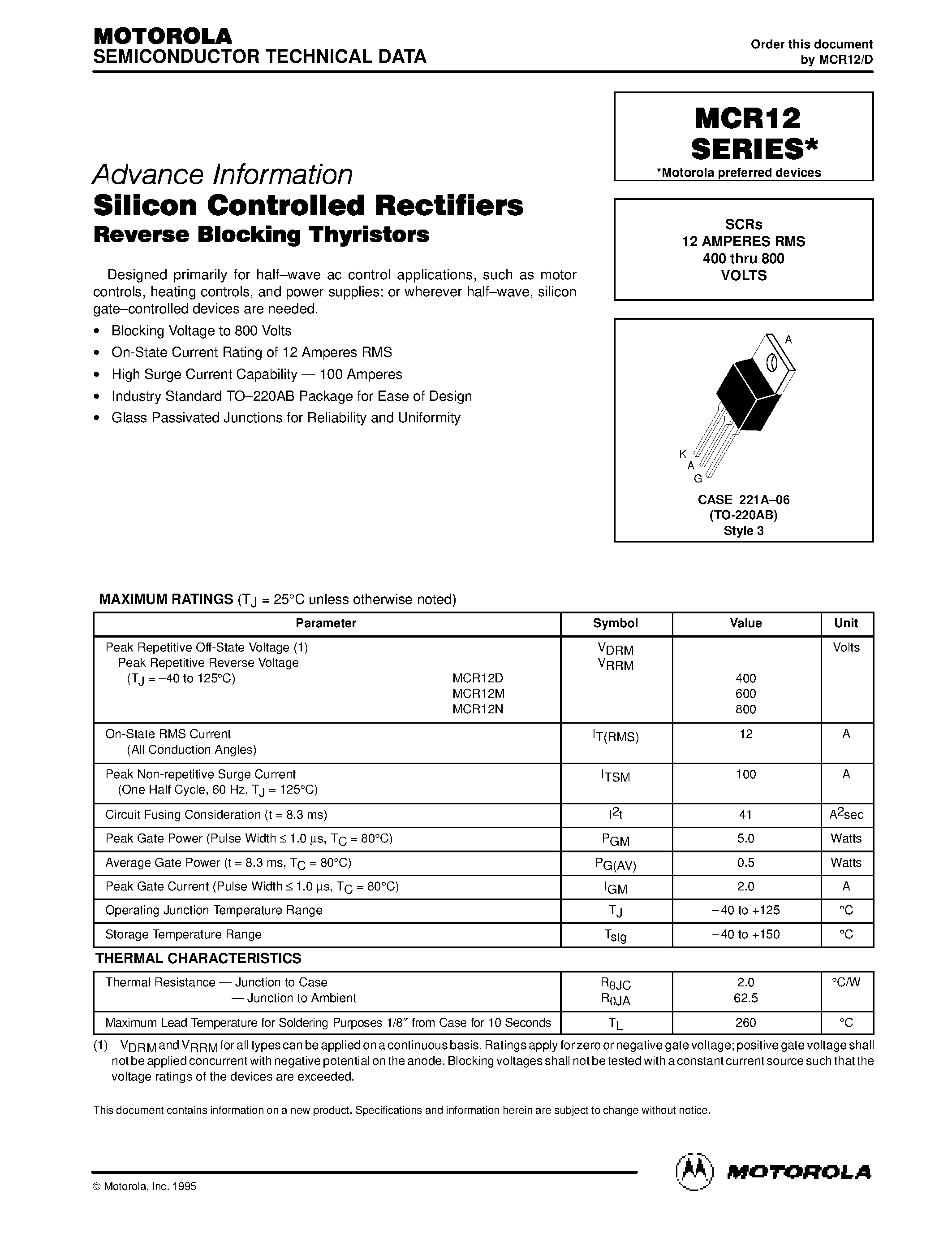 Datasheet MCR12 - Silicon Controlled Rectifiers page 1