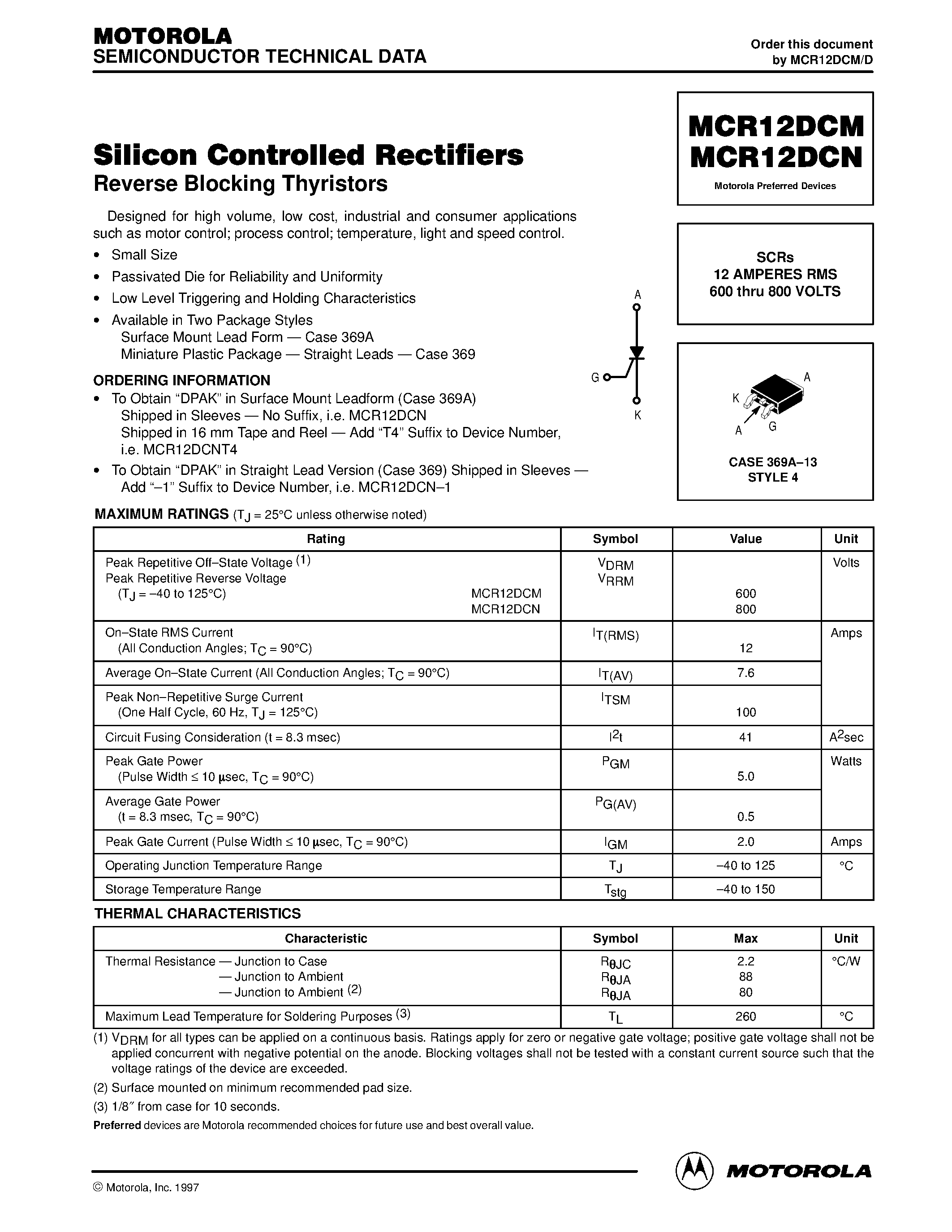 Datasheet MCR12DCM - Silicon Controlled Rectifiers page 1