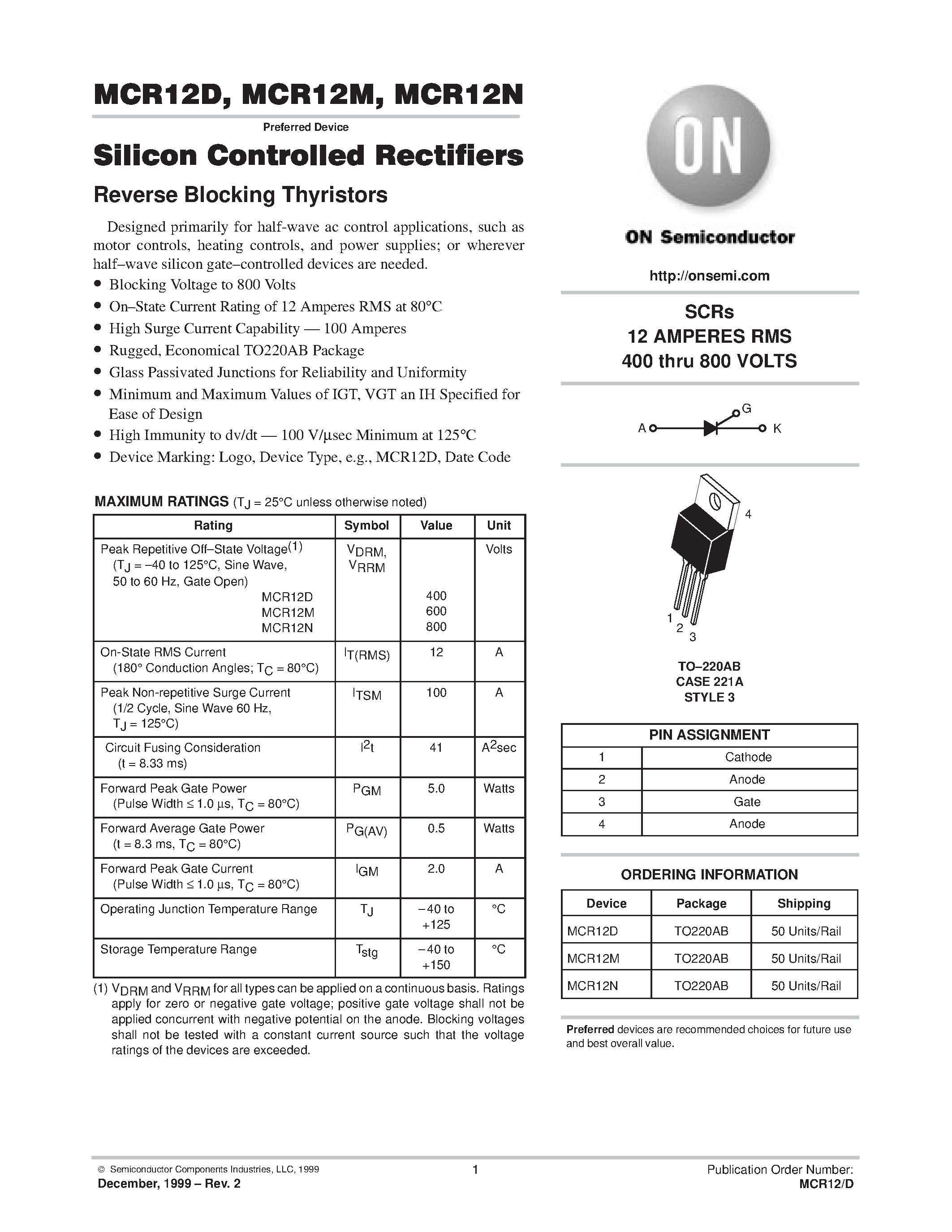 Даташит MCR12N - Silicon Controlled Rectifiers страница 1