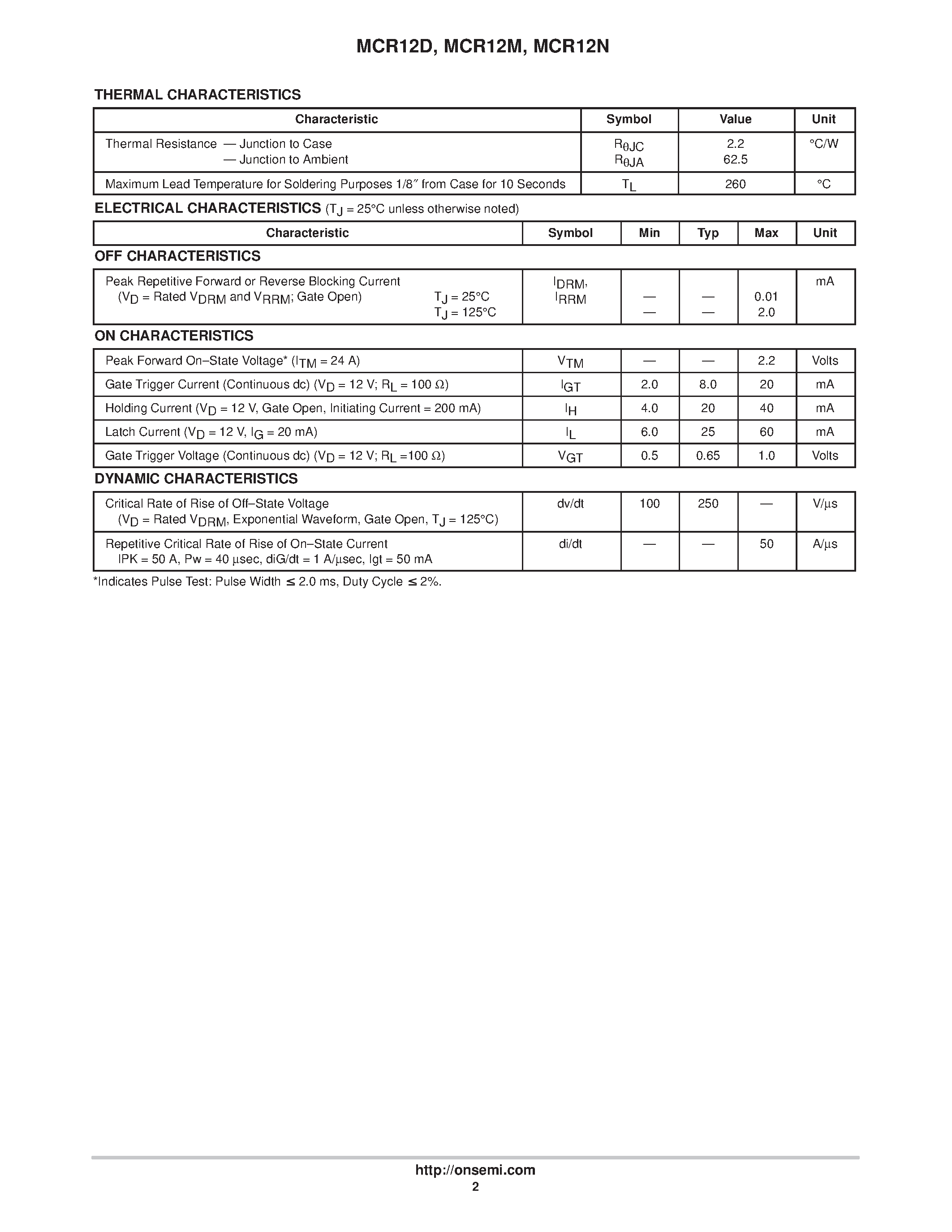 Даташит MCR12N - Silicon Controlled Rectifiers страница 2