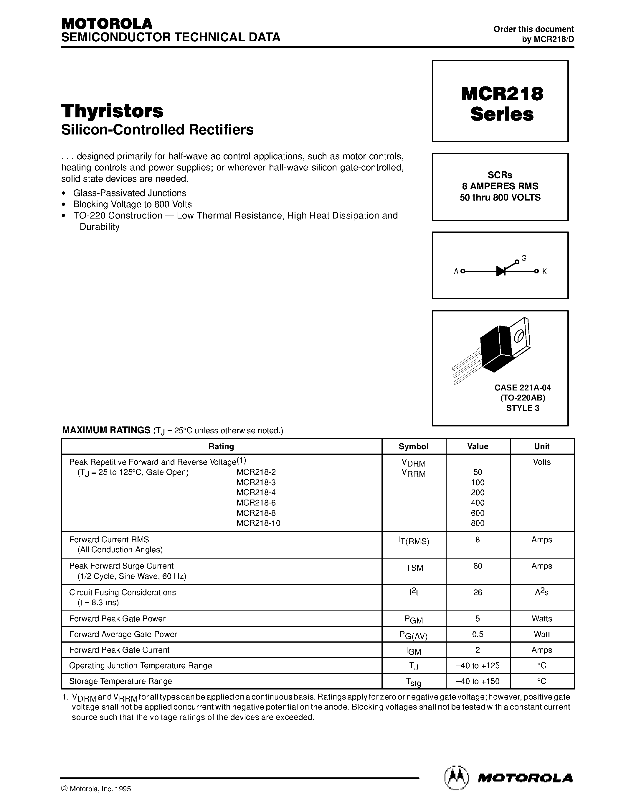 Datasheet MCR218 - Thyristors(Silicon Controlled Rectifiers) page 1