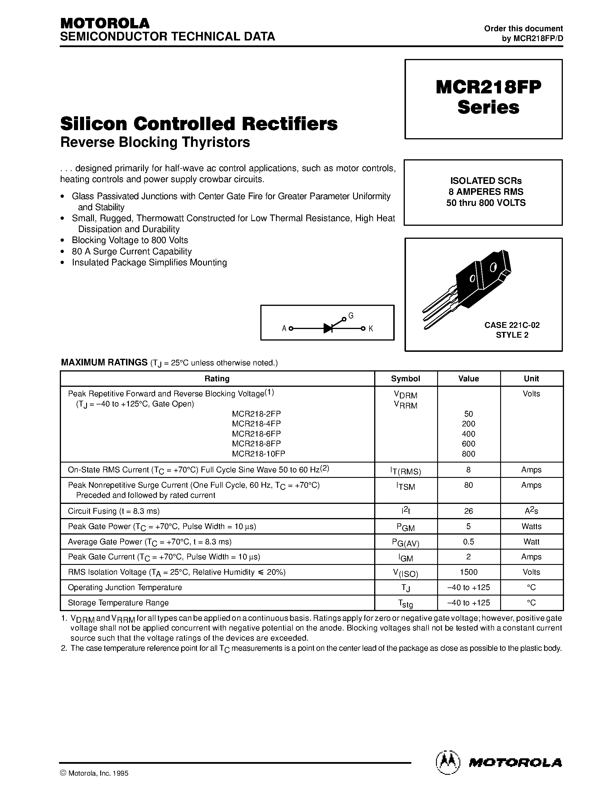 Datasheet MCR218FP - Silicon Controlled Rectifiers page 1