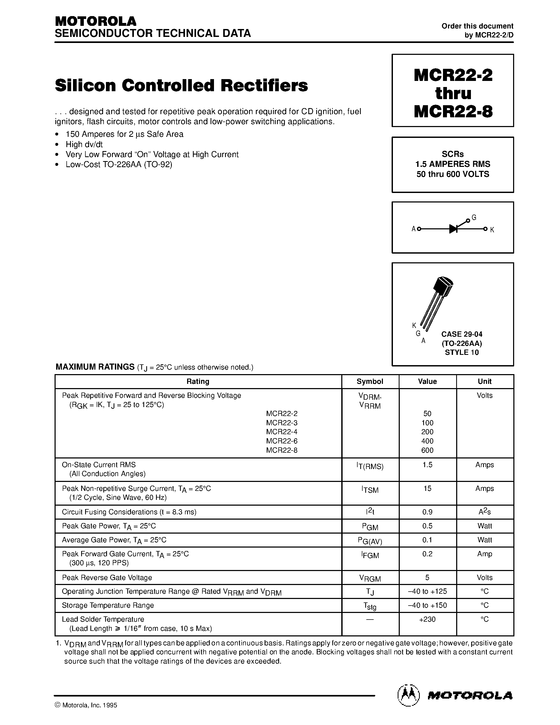 Даташит MCR22-3 - Silicon Controlled Rectifiers страница 1