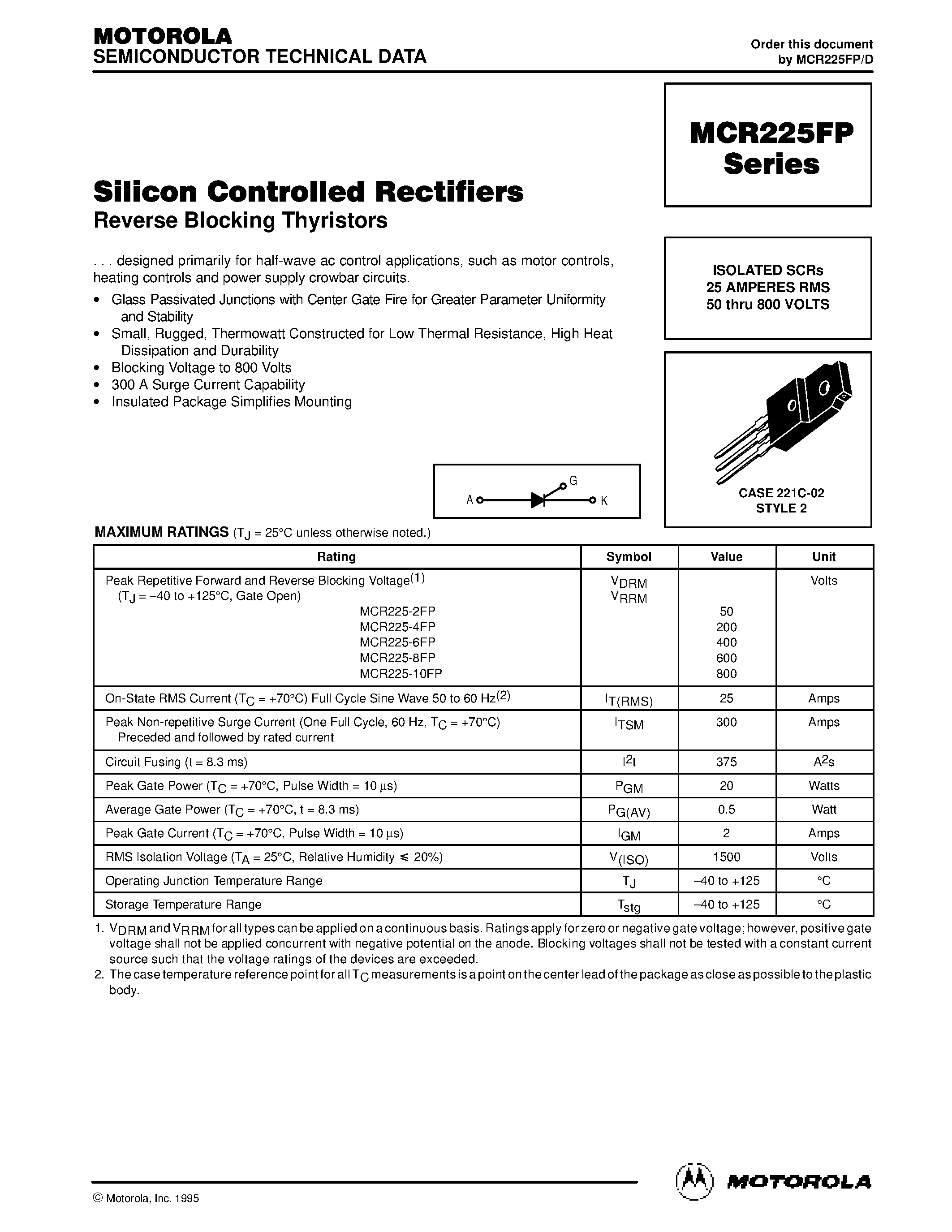 Даташит MCR225FP - Silicon Controlled Rectifiers страница 1