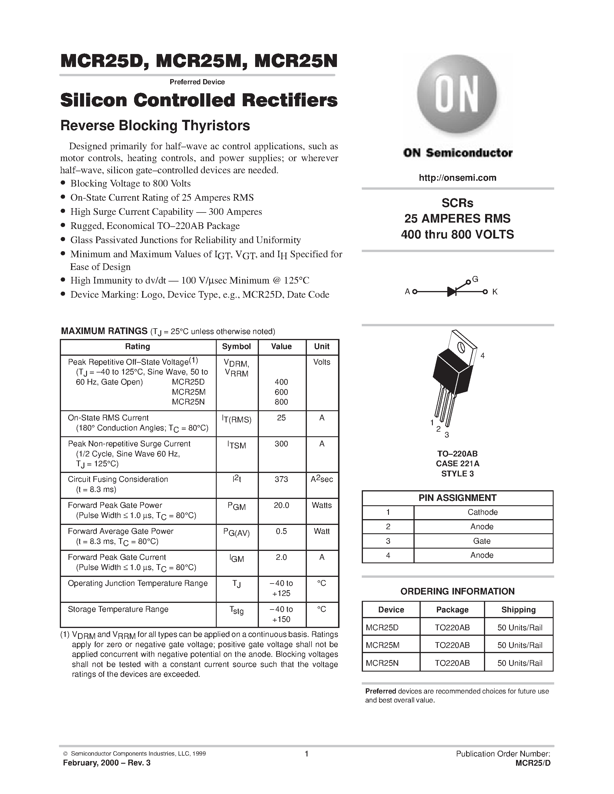 Datasheet MCR25D - SILICON CONTROLLED RECTIFIERS page 1