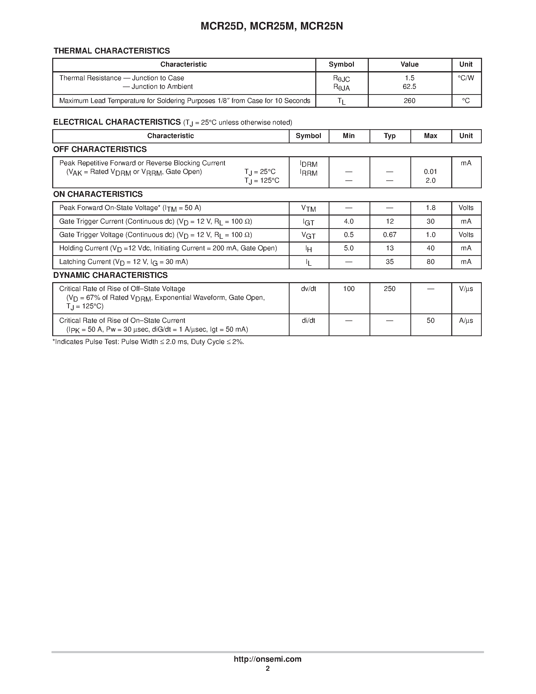 Datasheet MCR25D - SILICON CONTROLLED RECTIFIERS page 2