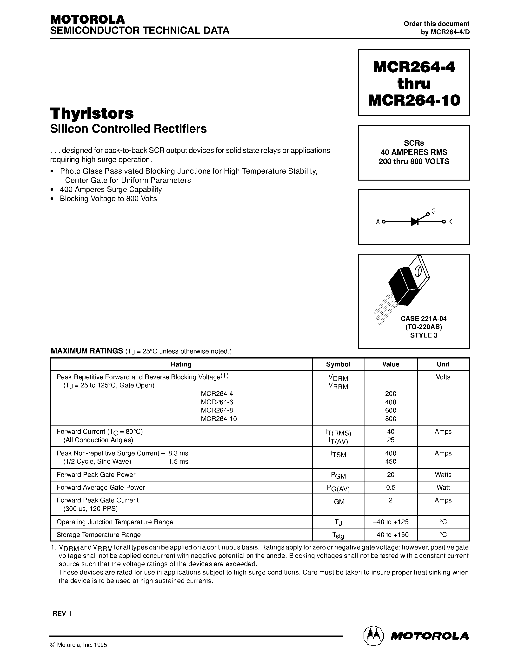 Даташит MCR264-10 - Thyristors страница 1