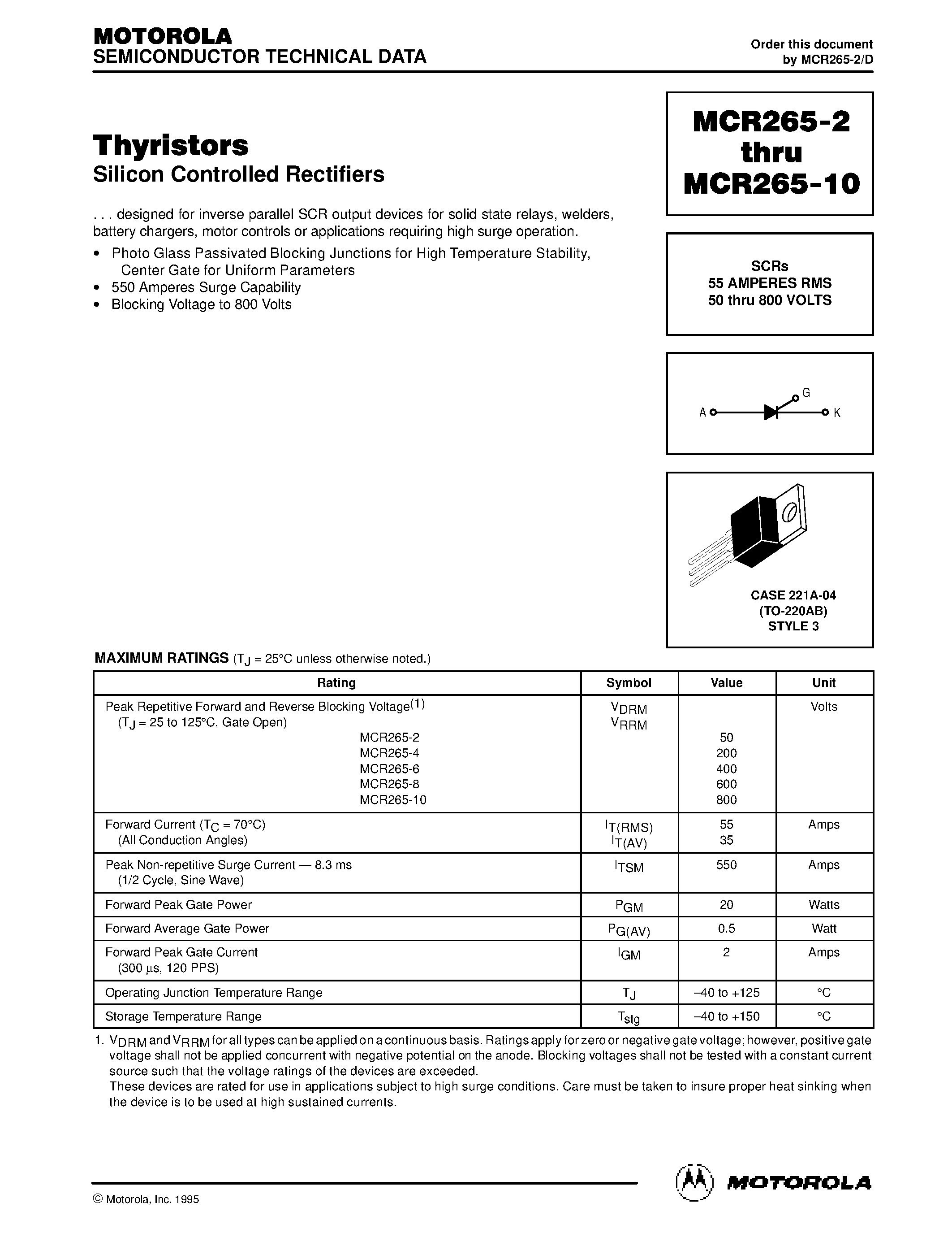 Datasheet MCR265-10 - Thyristors page 1