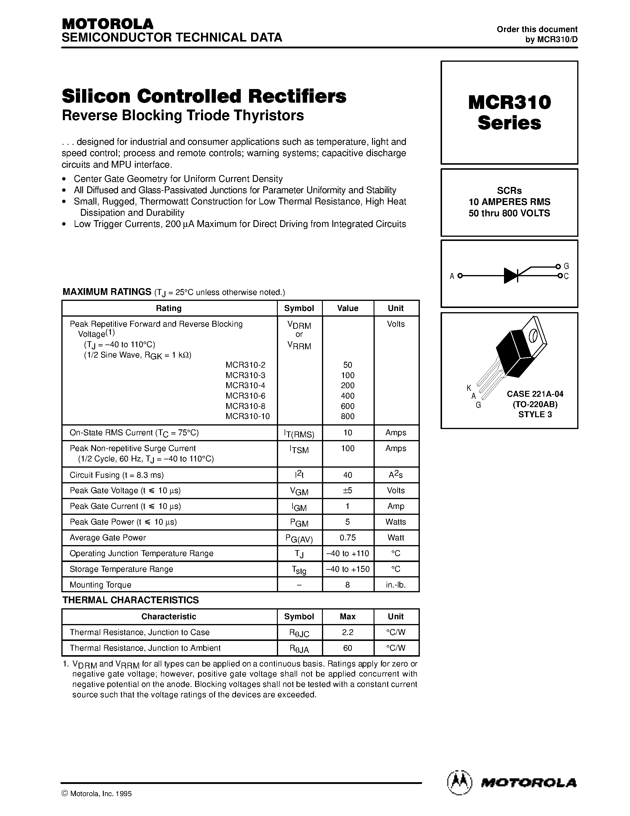 Даташит MCR310 - Silicon Controlled Rectifiers страница 1