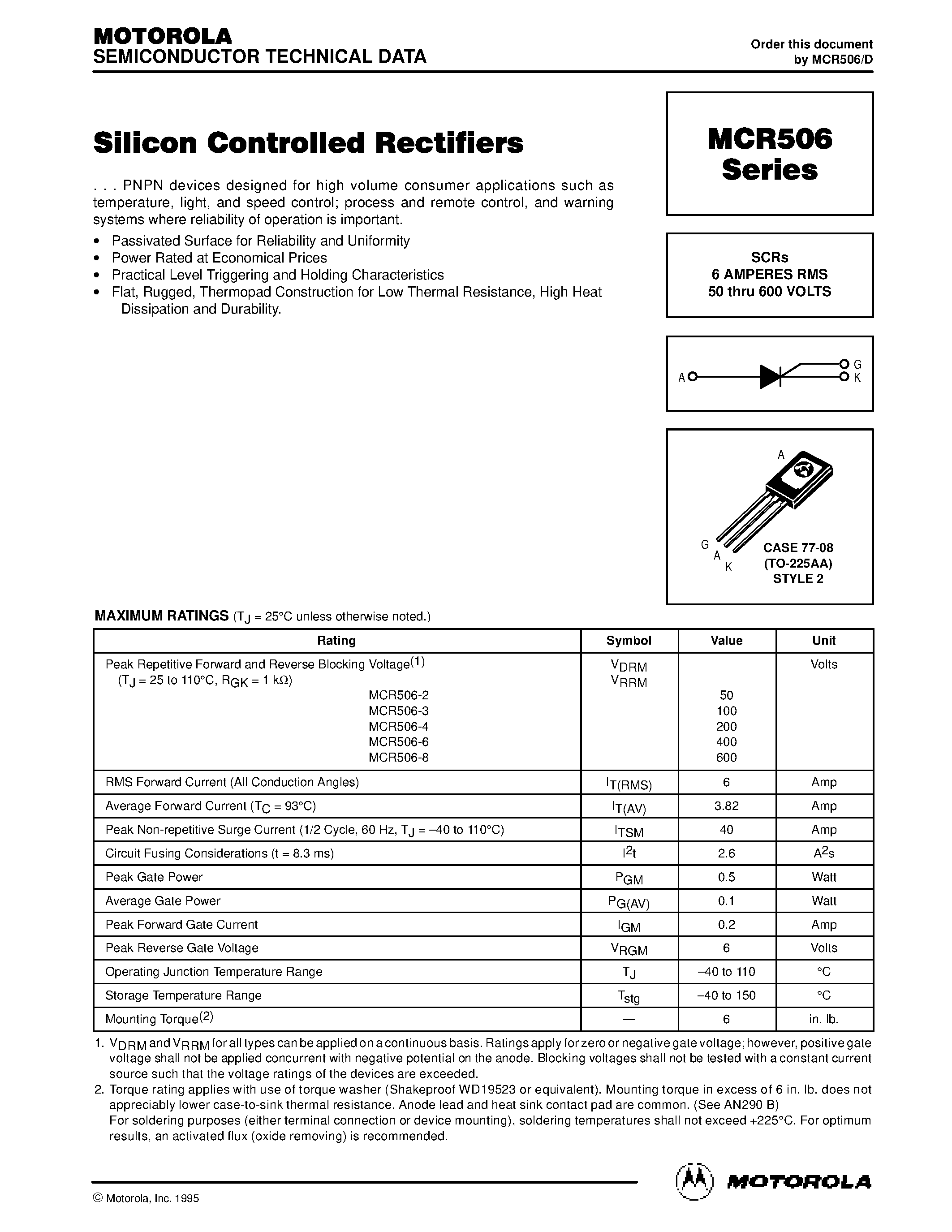 Datasheet MCR506 - Silicon Controlled Rectifiers page 1