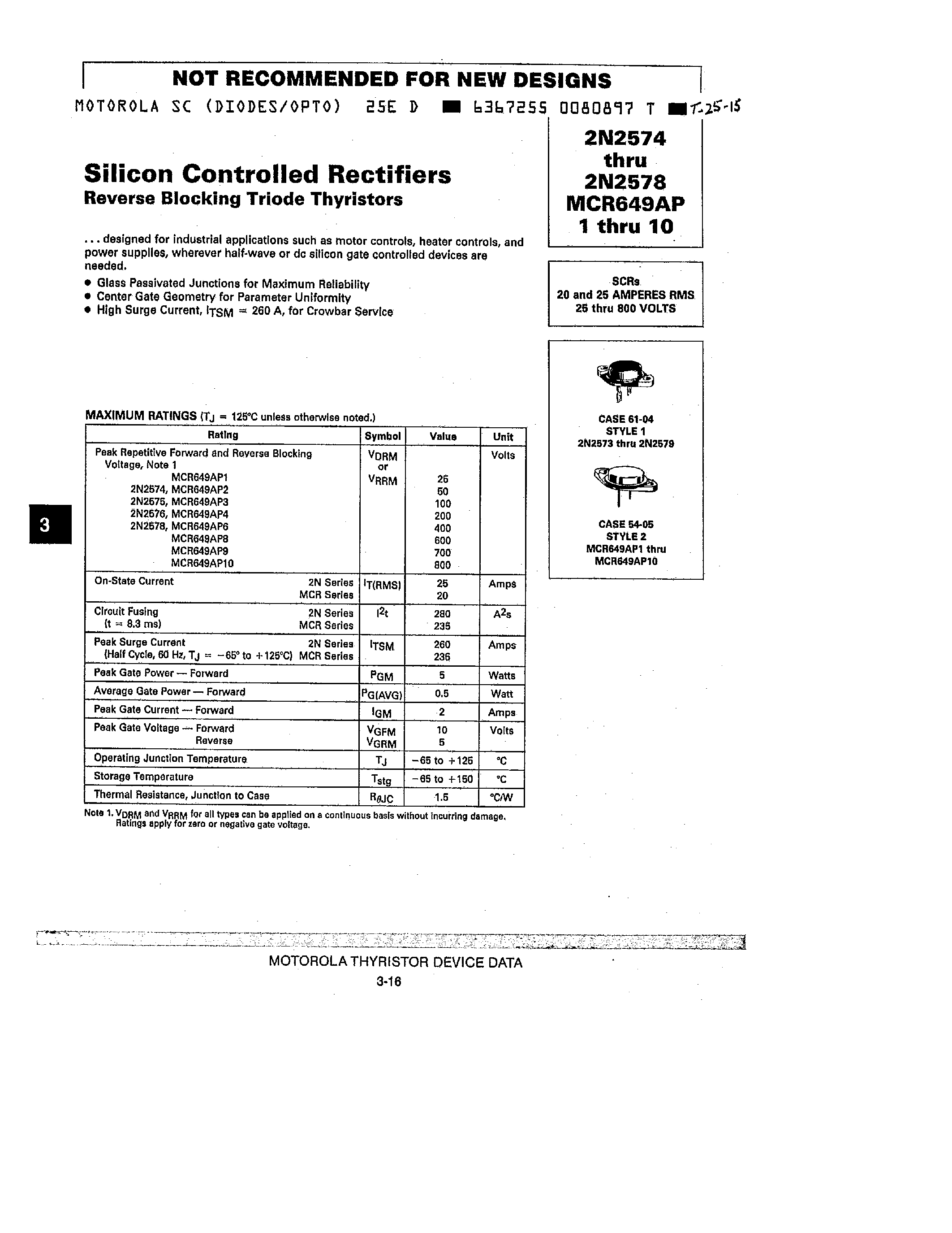 Datasheet MCR649AP1 - SILICON CONTROLLED RECTIFIERS page 1