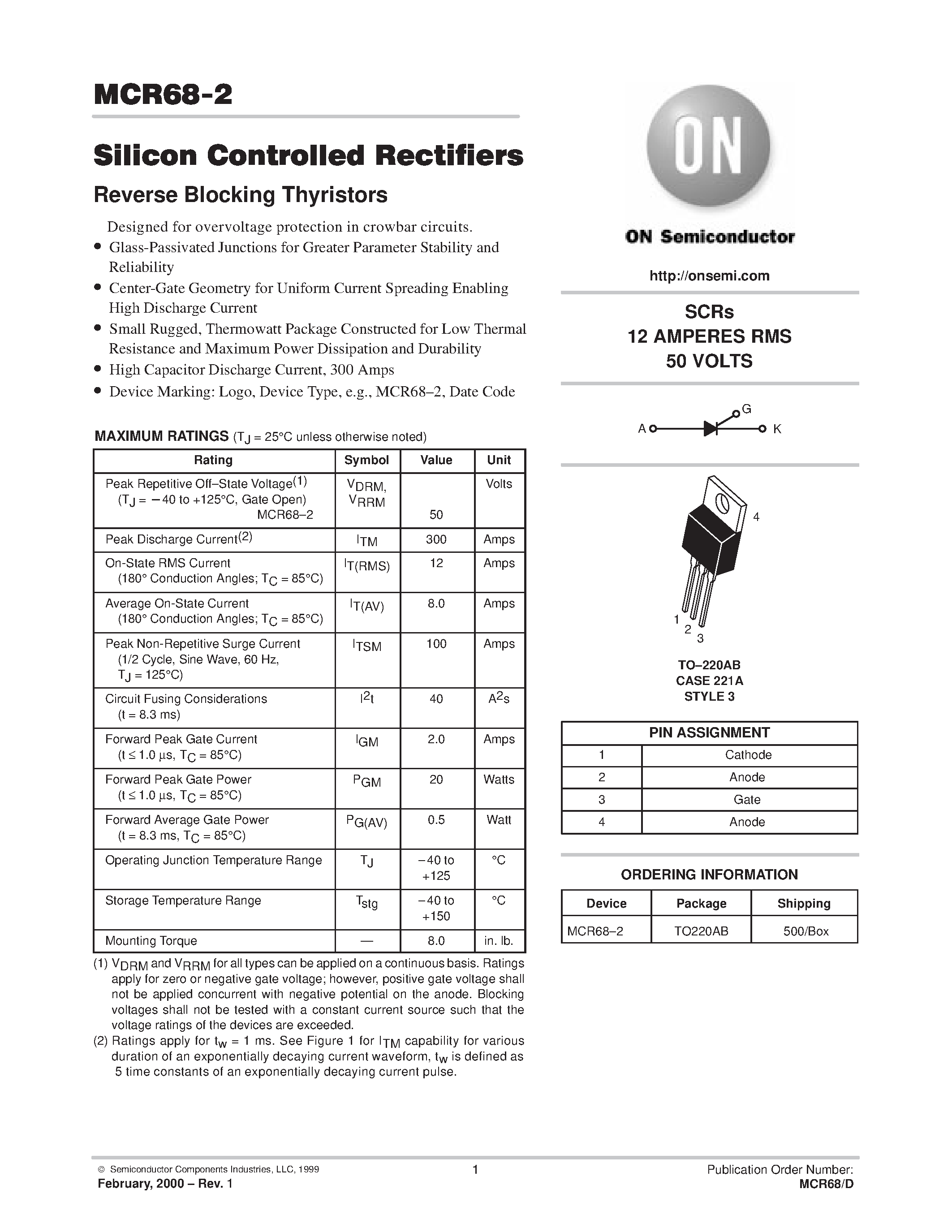 Datasheet MCR68-2 - SILICON CONTROLLED RECTIFIERS page 1