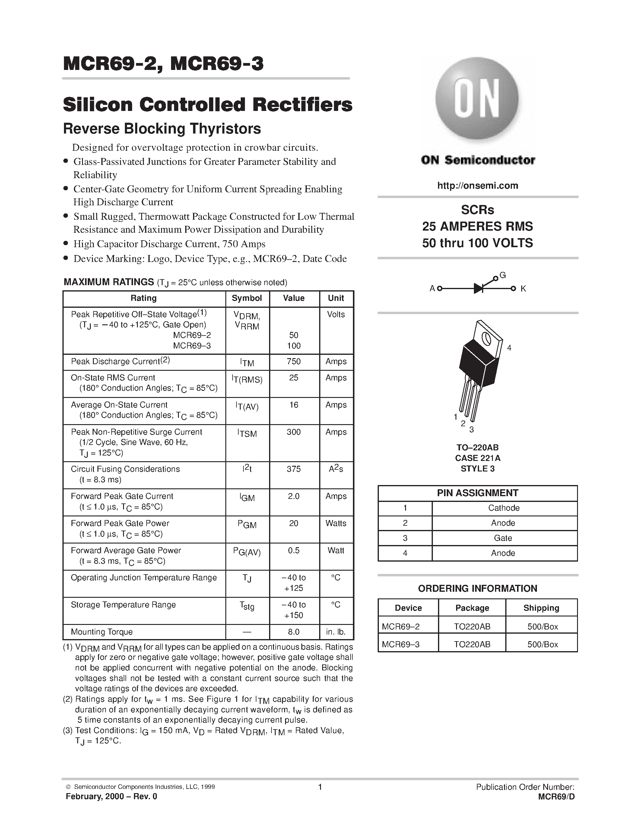 Datasheet MCR69-2 - SILICON CONTROLLED RECTIFIERS page 1