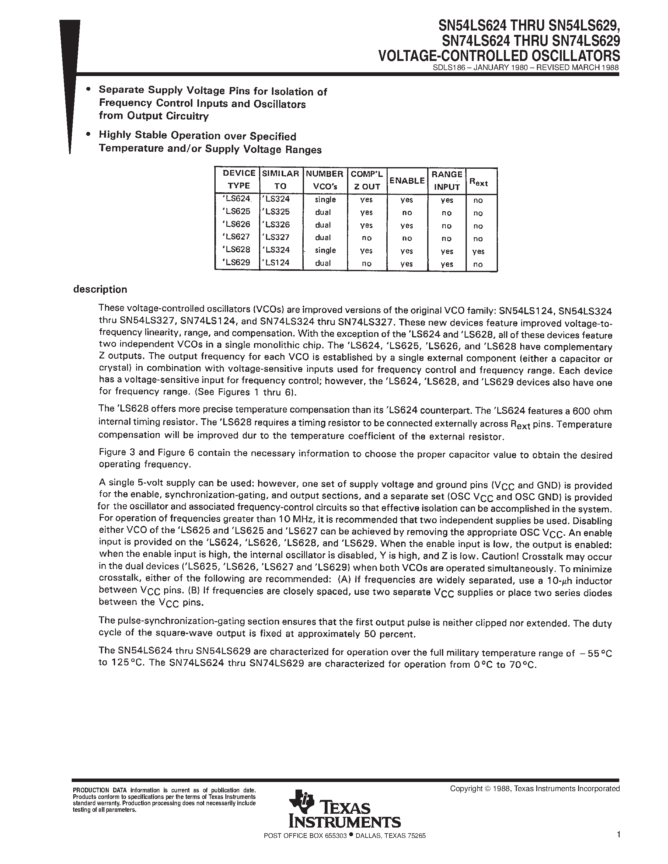 Datasheet SN74LS624 - VOLTAGE-CONTROLLED OSCILLATORS page 1