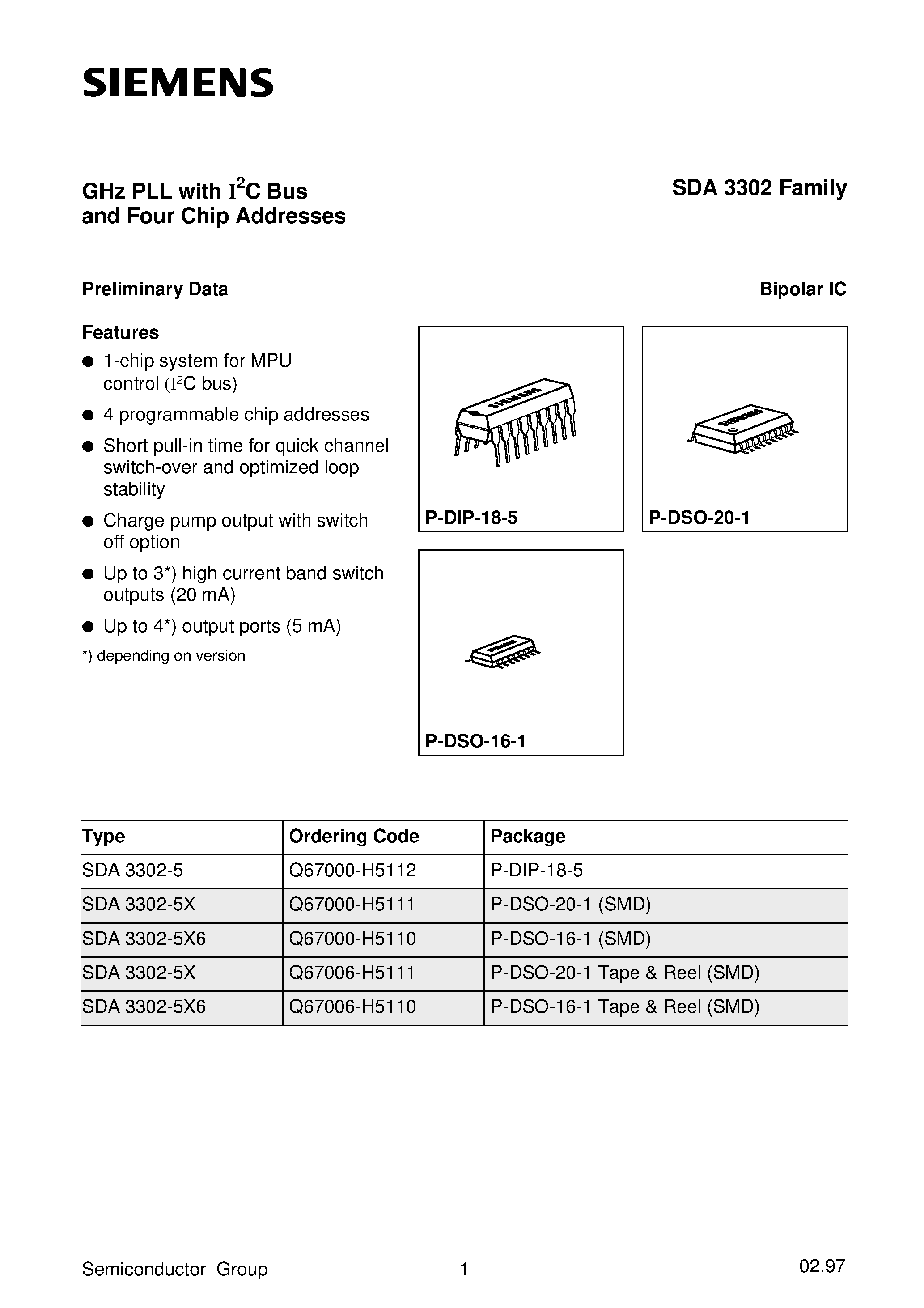 Даташит SDA3302 - GHz PLL with I2C Bus and Four Chip Addresses страница 1