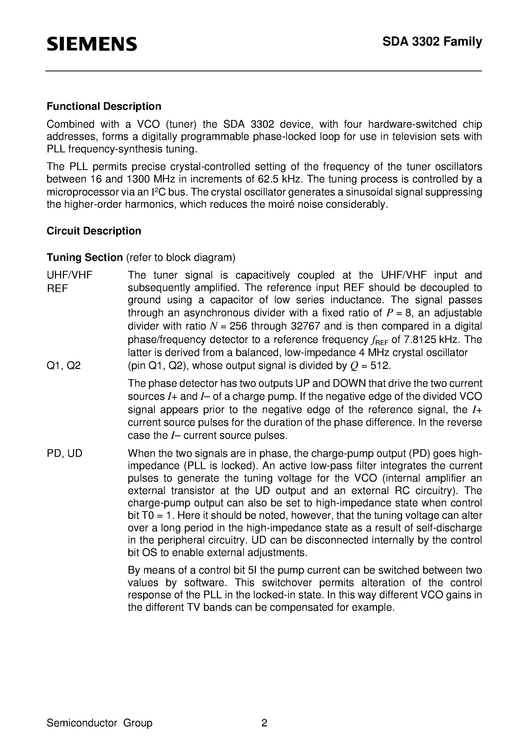 Даташит SDA3302 - GHz PLL with I2C Bus and Four Chip Addresses страница 2