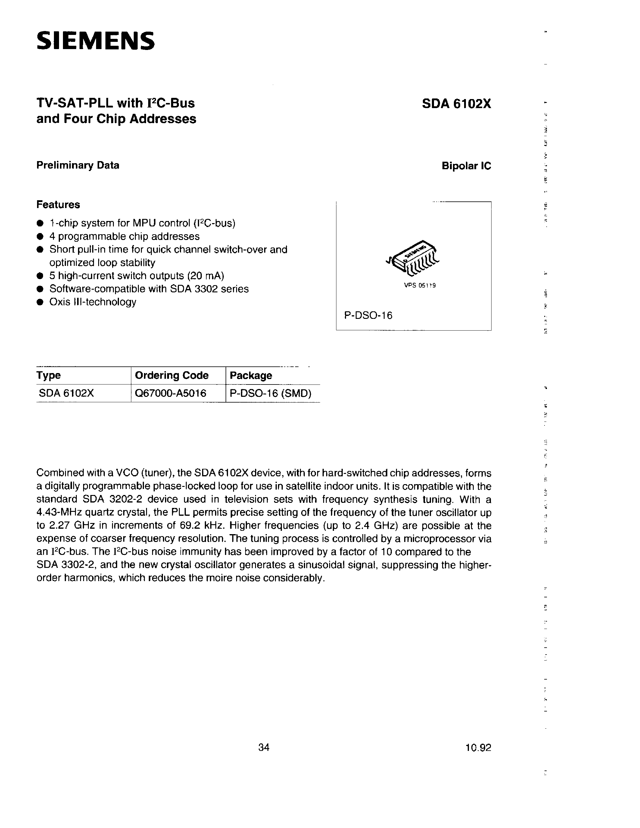 Даташит SDA6102X - TV SAT PLL WITH I2C BUS AND FOUR CHIP ADDRESSES страница 1